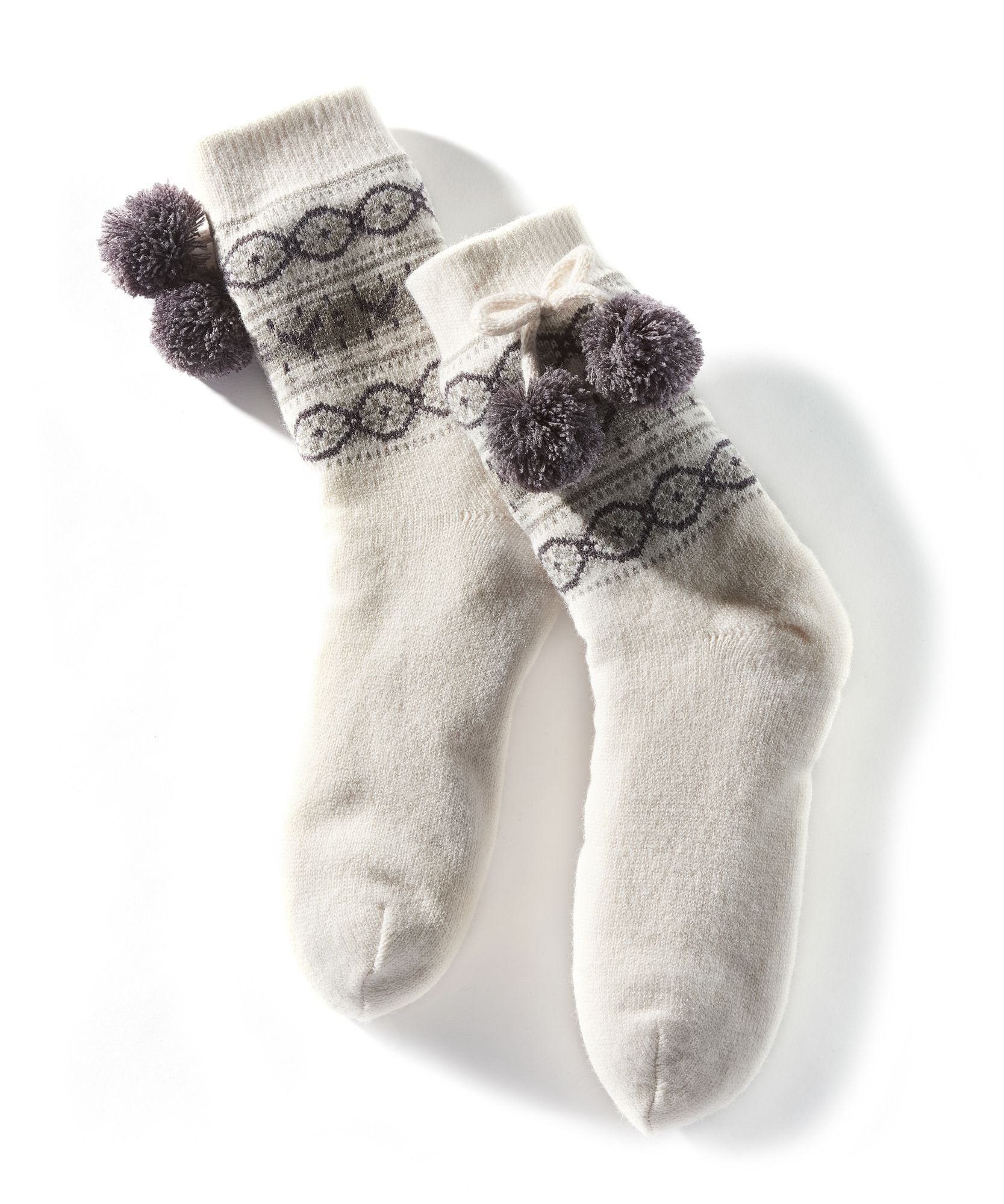 Cream Short Reading Socks w/Pom Poms