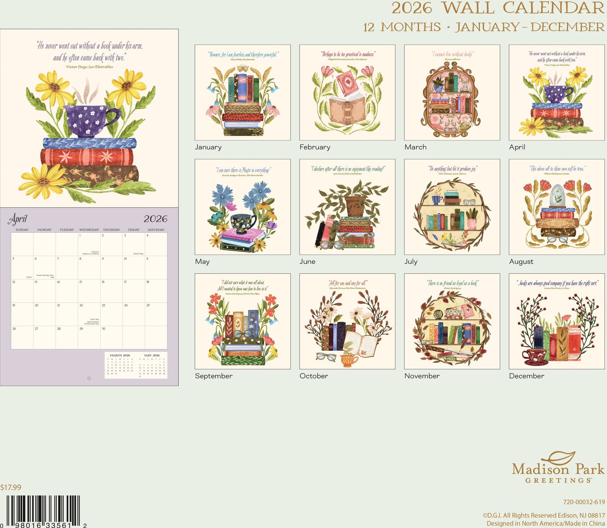 2026 BOOKS & FLOWERS STANDARD WALL CALENDAR - Exclusive