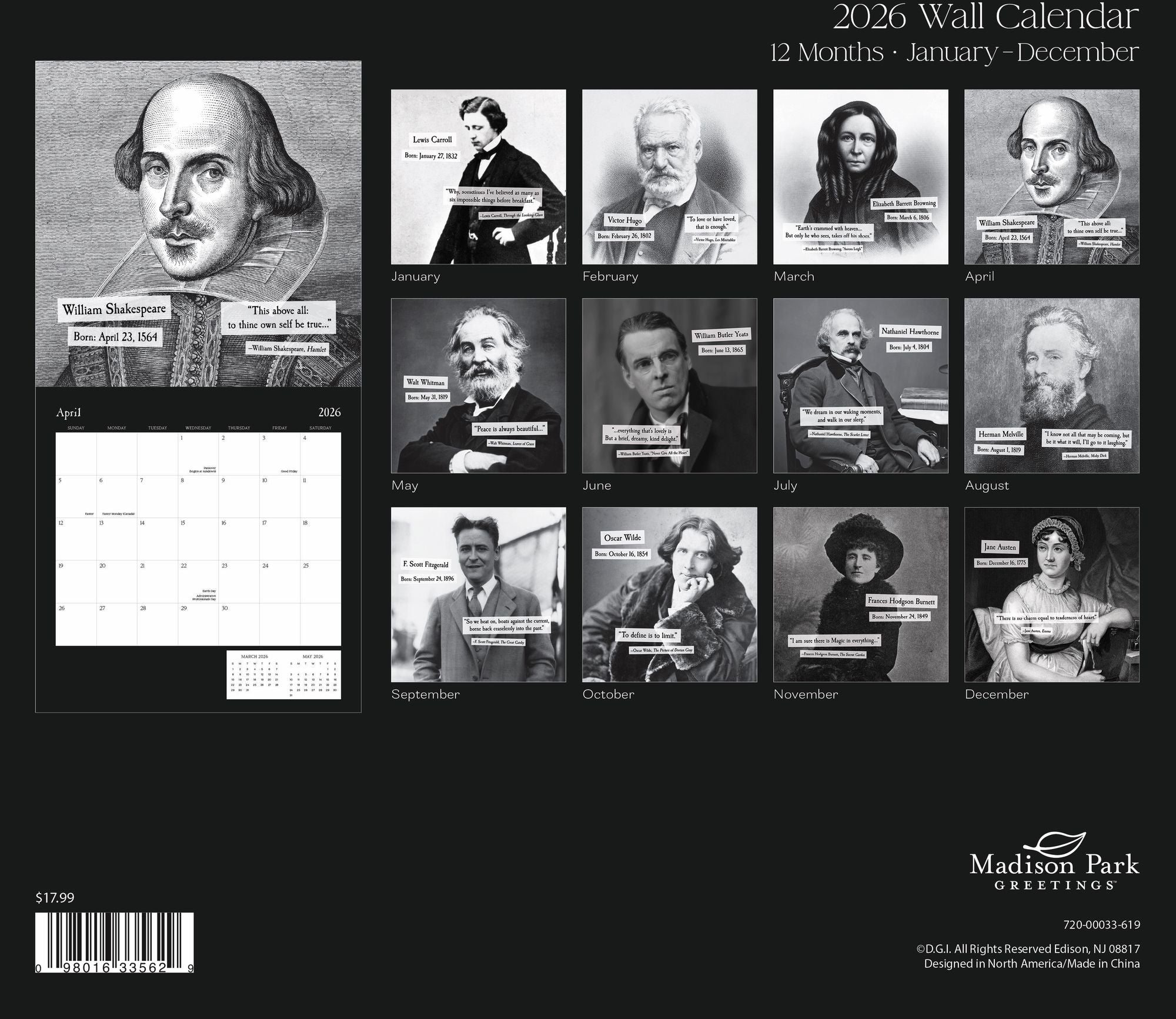 2026 AUTHORS BIRTHDAYS STANDARD WALL CALENDAR - Exclusive