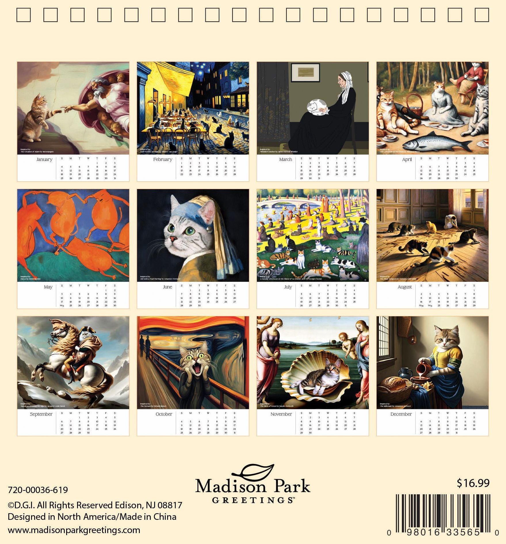 2026 CATS IN ART SPIRAL TOP DESK CALENDAR - Exclusive