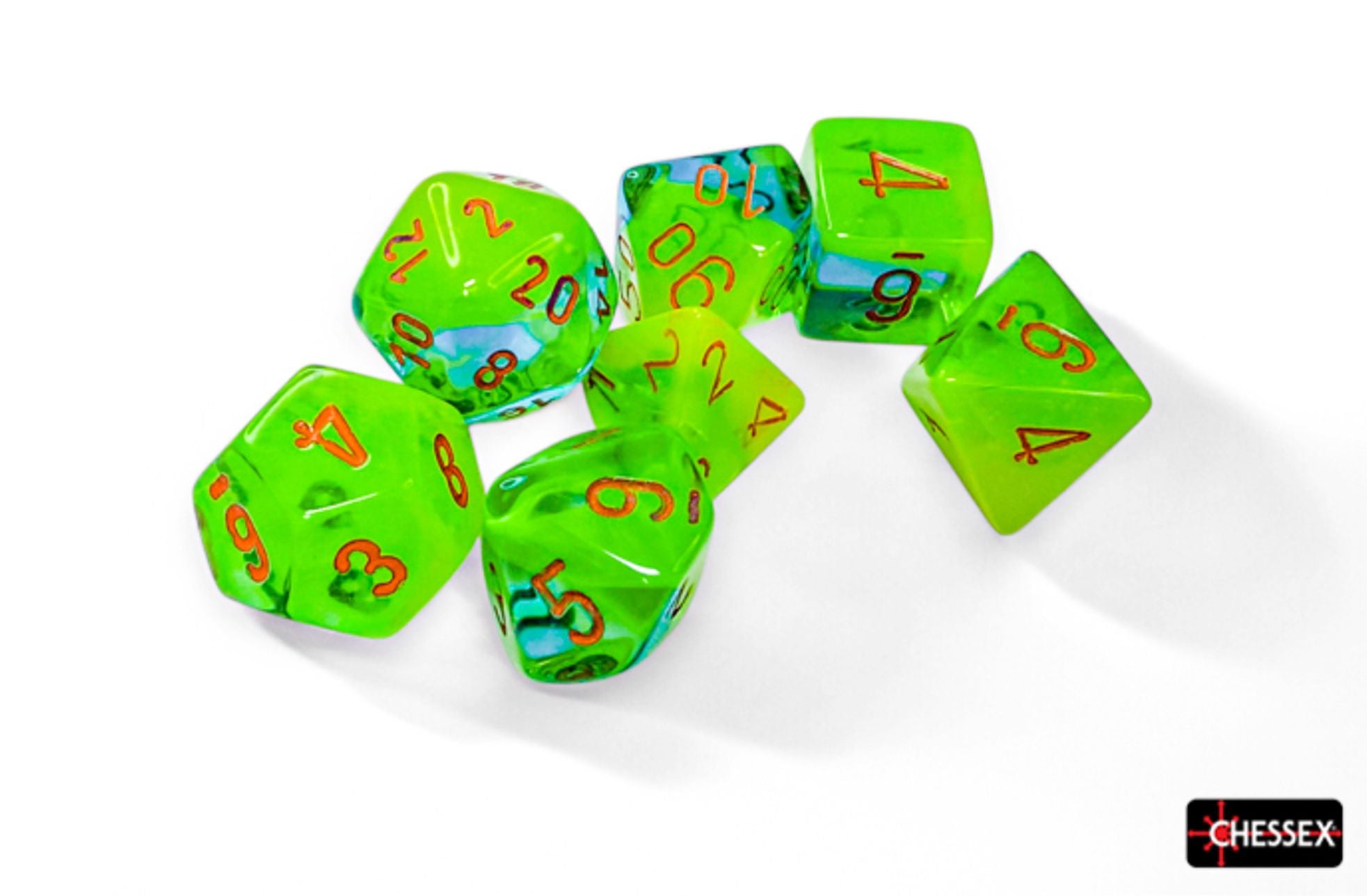 Gemini Polyhedral Plasma Green Teal/Orang w/Lmnry by Chessex
