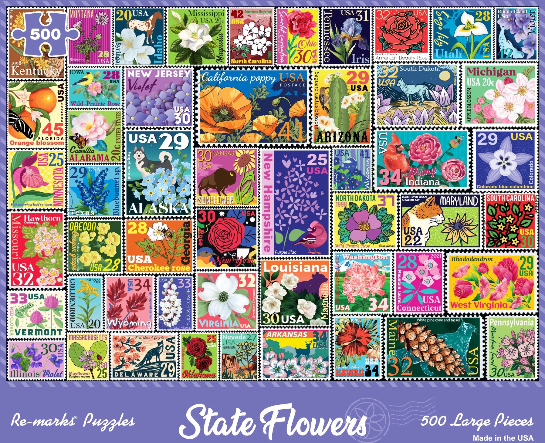 500 Large Piece State Flower Stamps Puzzle