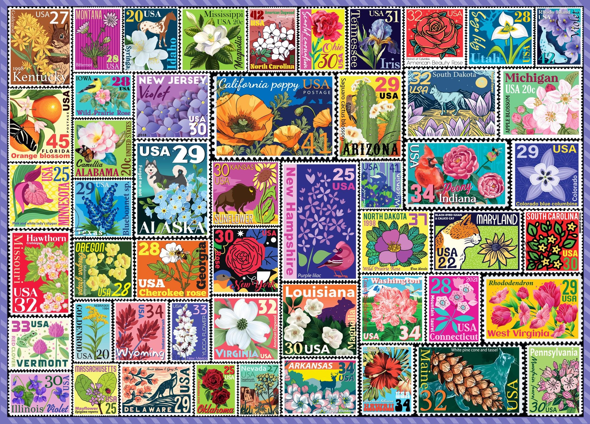 500 Large Piece State Flower Stamps Puzzle