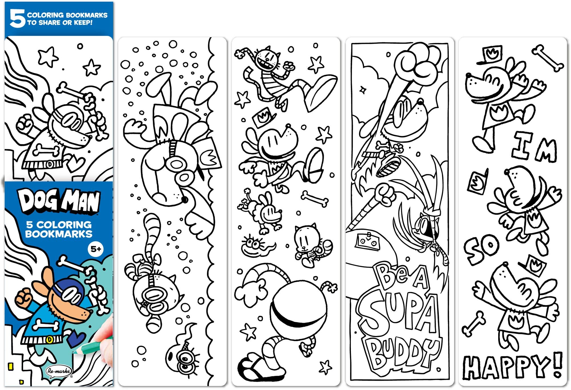 Dog Man Coloring Bookmarks Set of 5