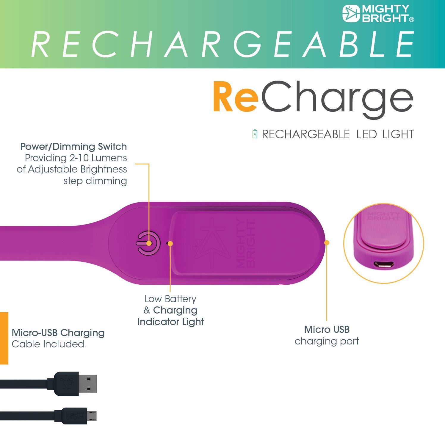 Mighty Bright Recharge Book Light Purple