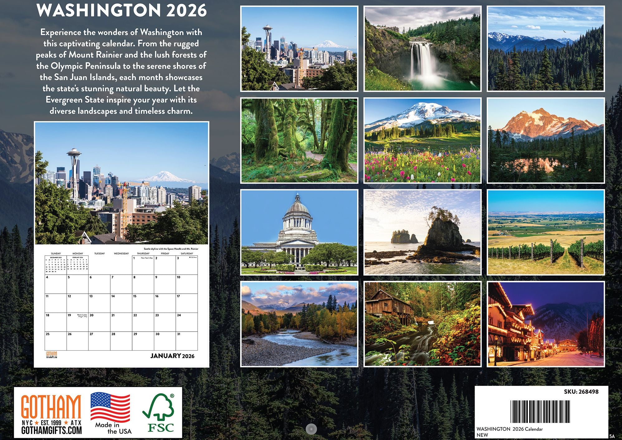 2026 State of Washington Calendar Monthly Wall Calender 12 Month