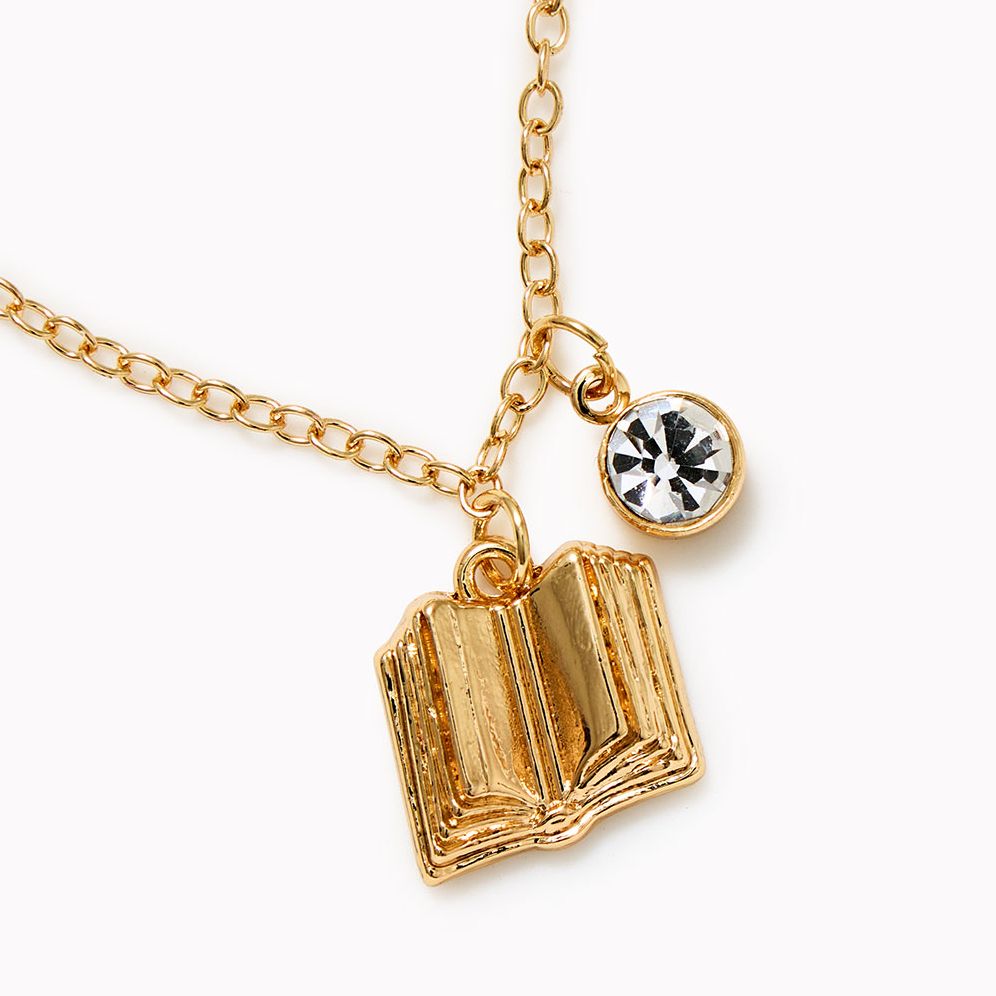 Charm Necklace with Book Charm and Rhinestone Charm