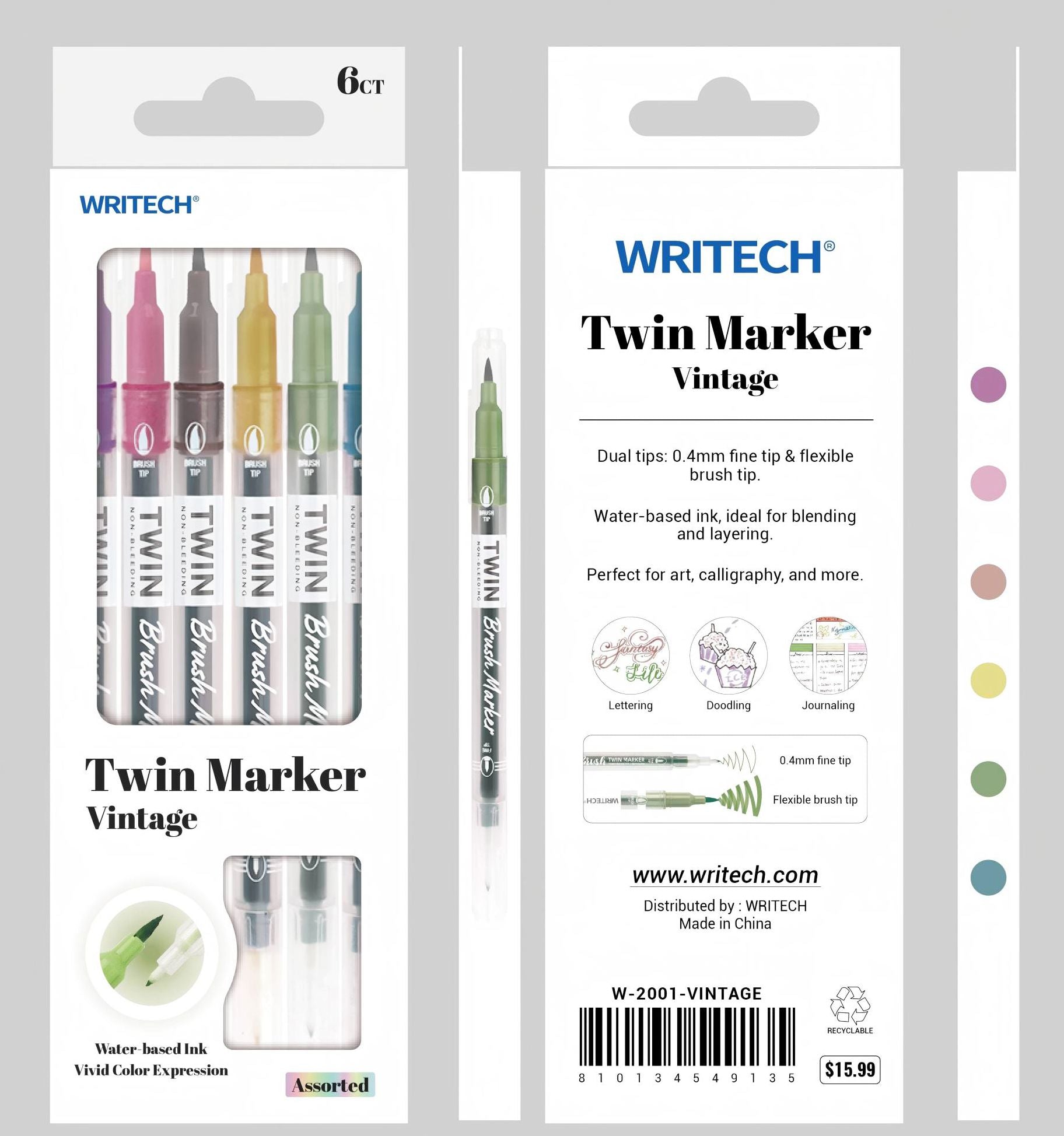Vintage Twin Brush Fineliner S/6 - Assorted Ink