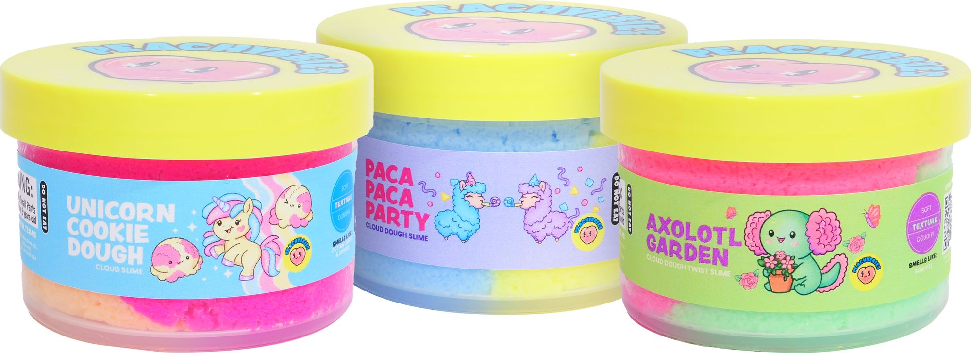 PeachyBbies 3 Piece Slime Pack Unicorn Cookie Dough, Axolotl Garden & Paca Paca Party
