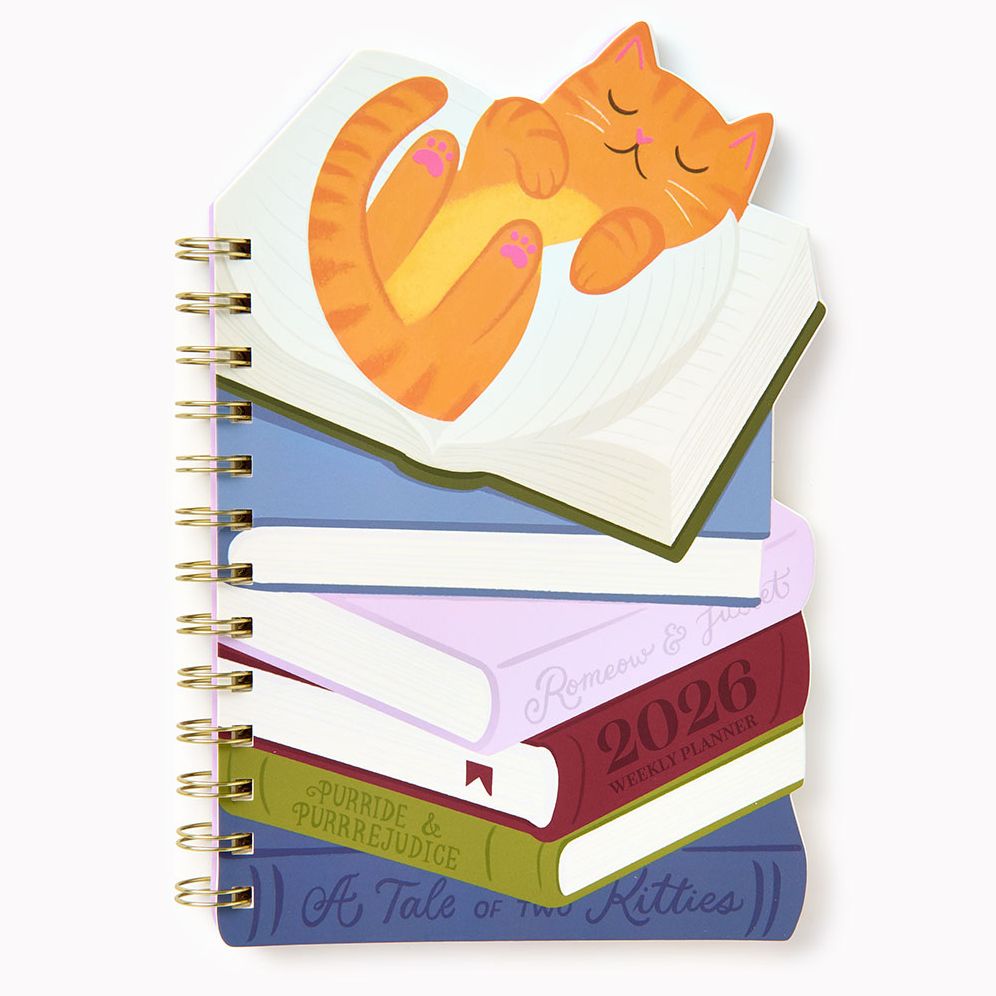 2026 Paper Source Sleepy Book Cat Die Cut 12M Planner - Exclusive
