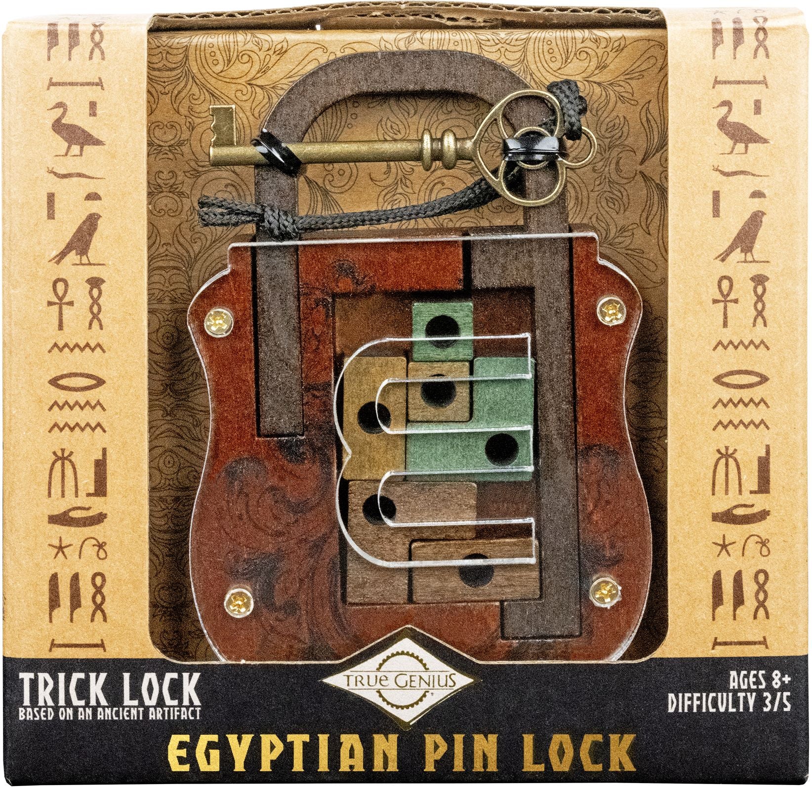 True Genius Metal - Lock & Key Egyptian Pin Lock Brainteaser Puzzle