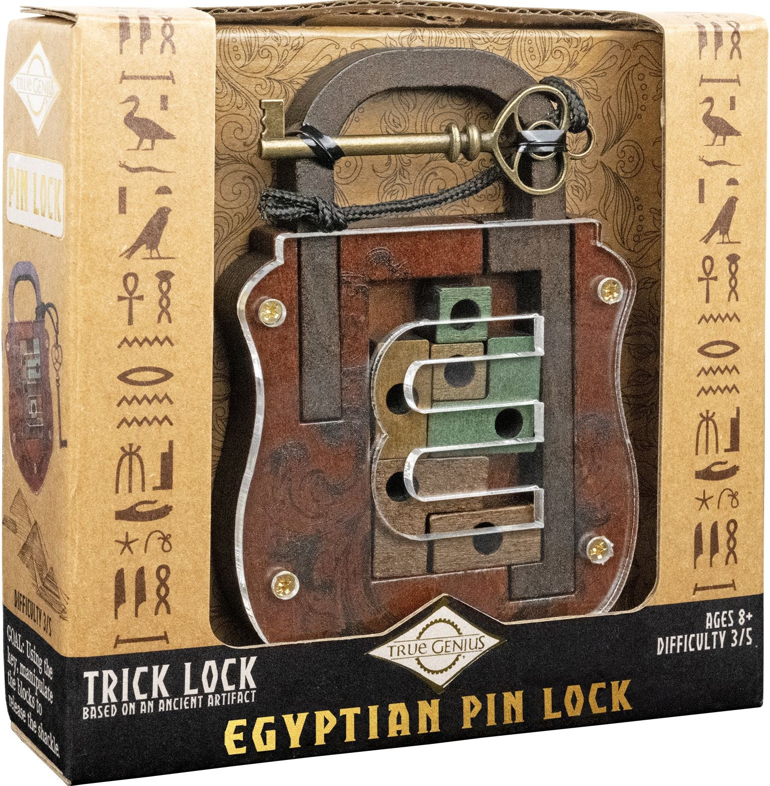 True Genius Metal - Lock & Key Egyptian Pin Lock Brainteaser Puzzle