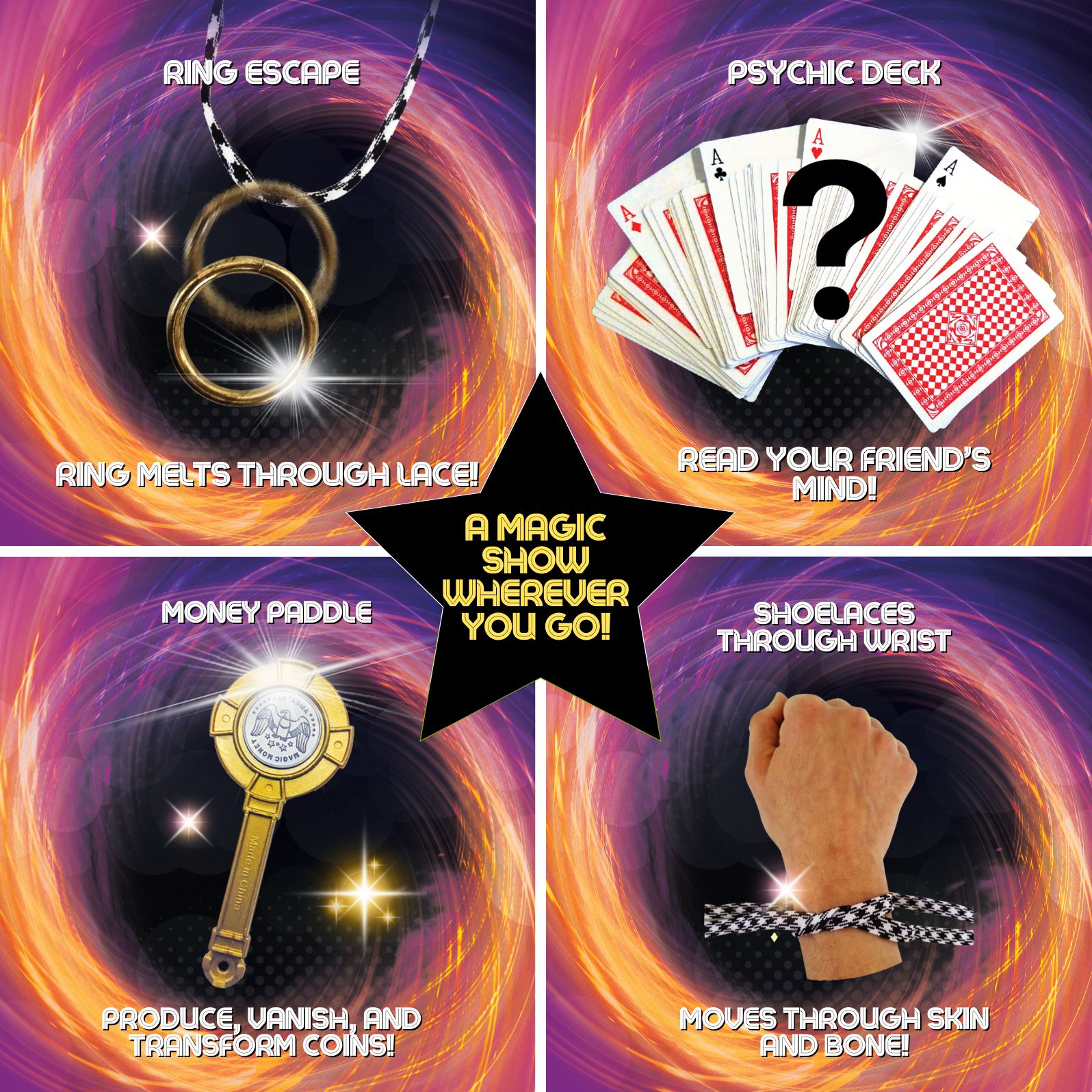 THE OFFICIAL MAGICIANS CASE Includes 200+ Tricks. With Black Carrying Case, Gold Chrome Cups, Ring on String, Pen Thru Bill & More.