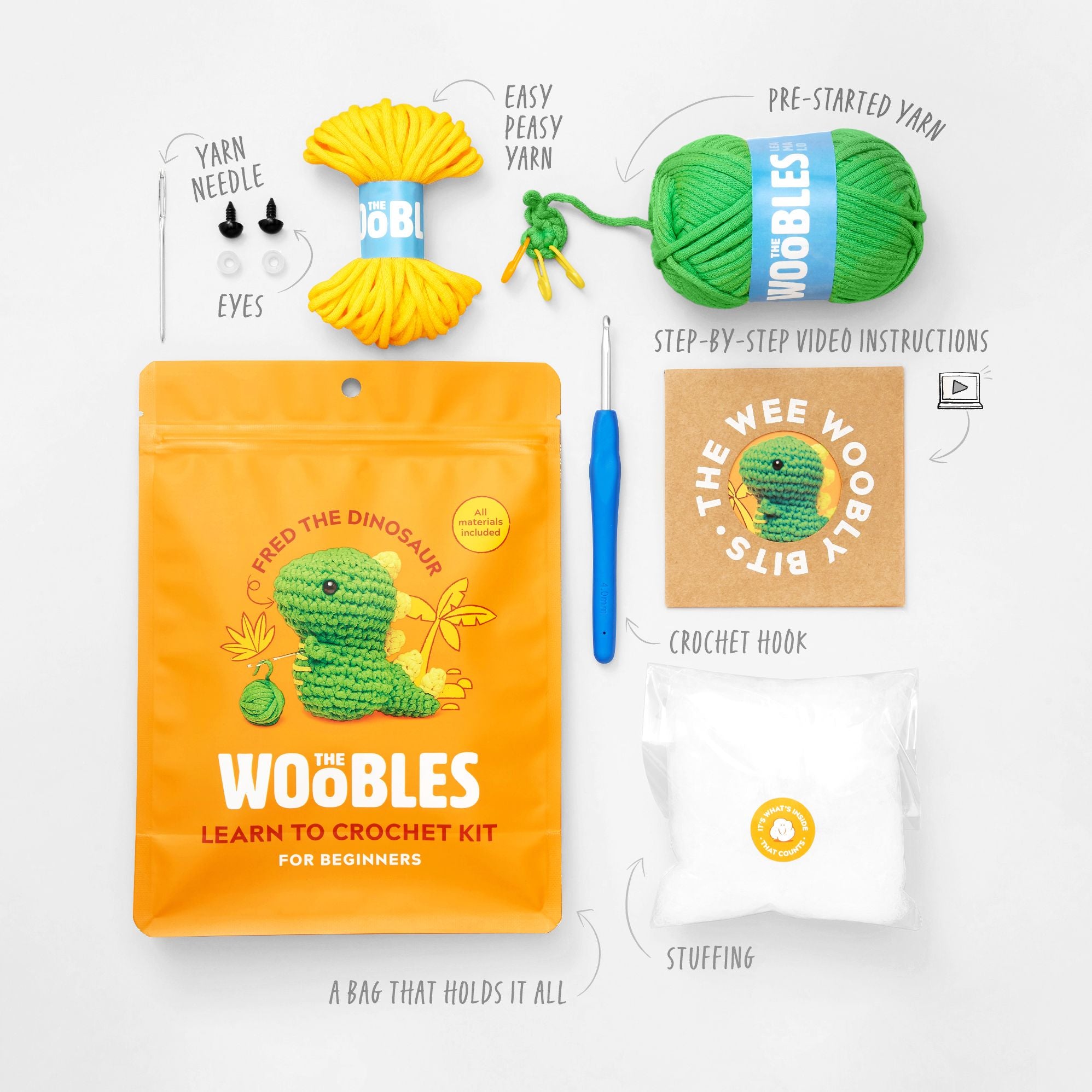 Fred the Dinosaur, The Woobles Beginner Crochet Kit