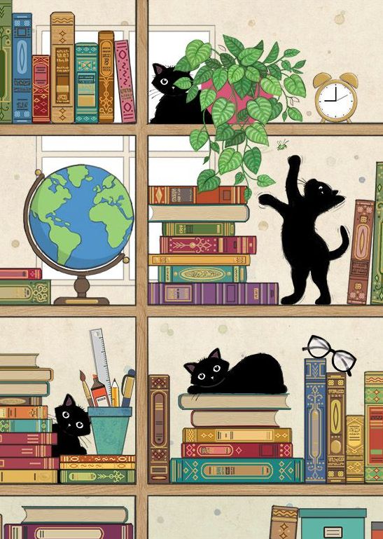 BLANK BOOKCASE CATS GREETING CARD