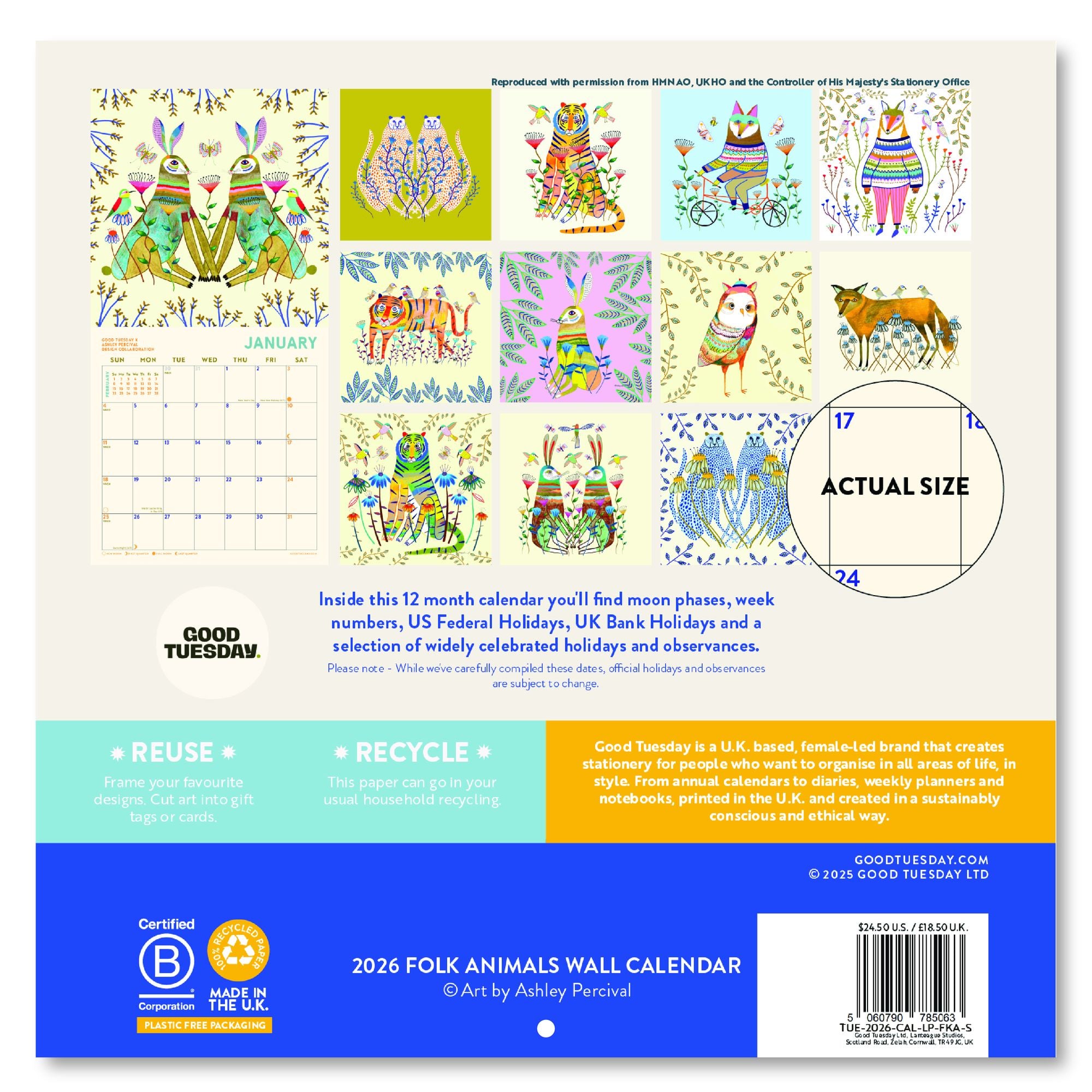 2026 Folk Animals Large Grid Art Calendar