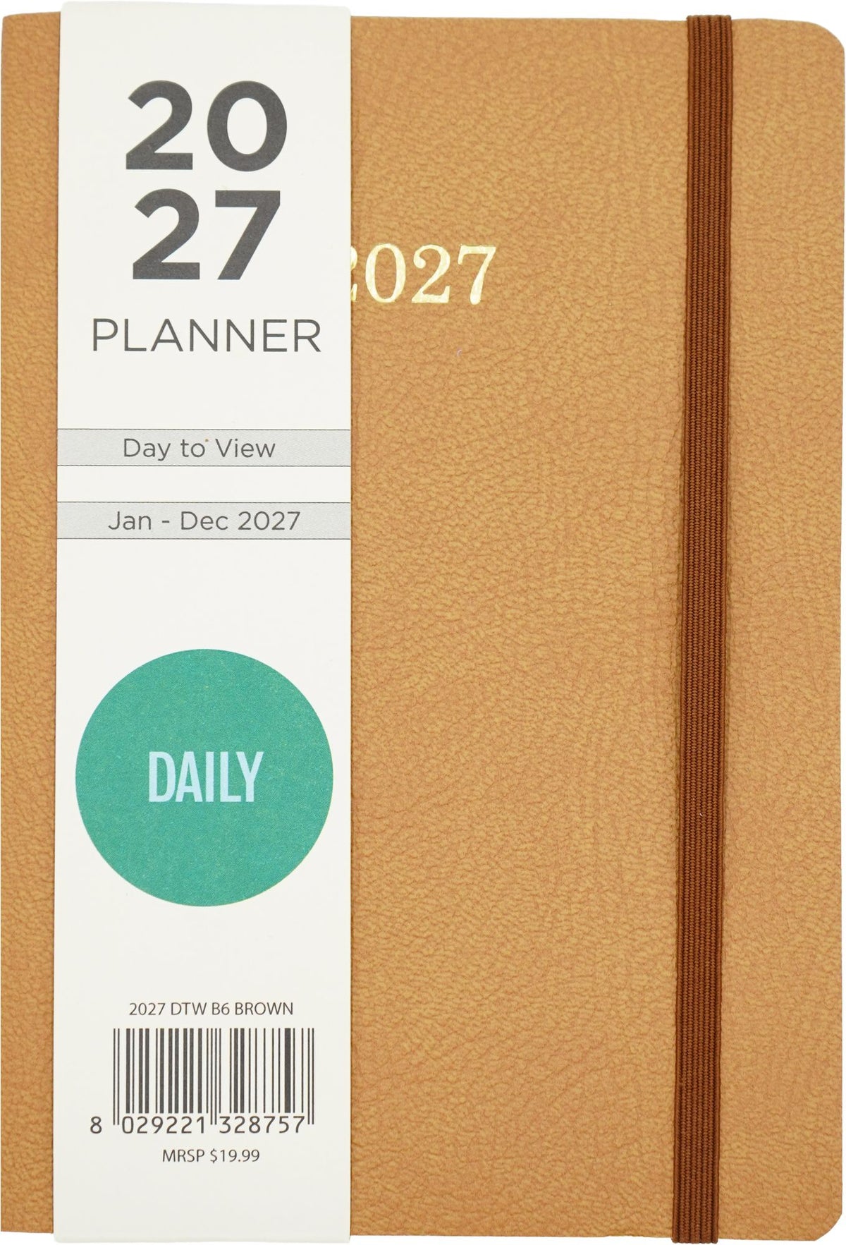 2027 Daily Planner 5X7 Soft Bound Cover In Brown Bonded Leather With Matching Lining , Elastic And Gold Embossing