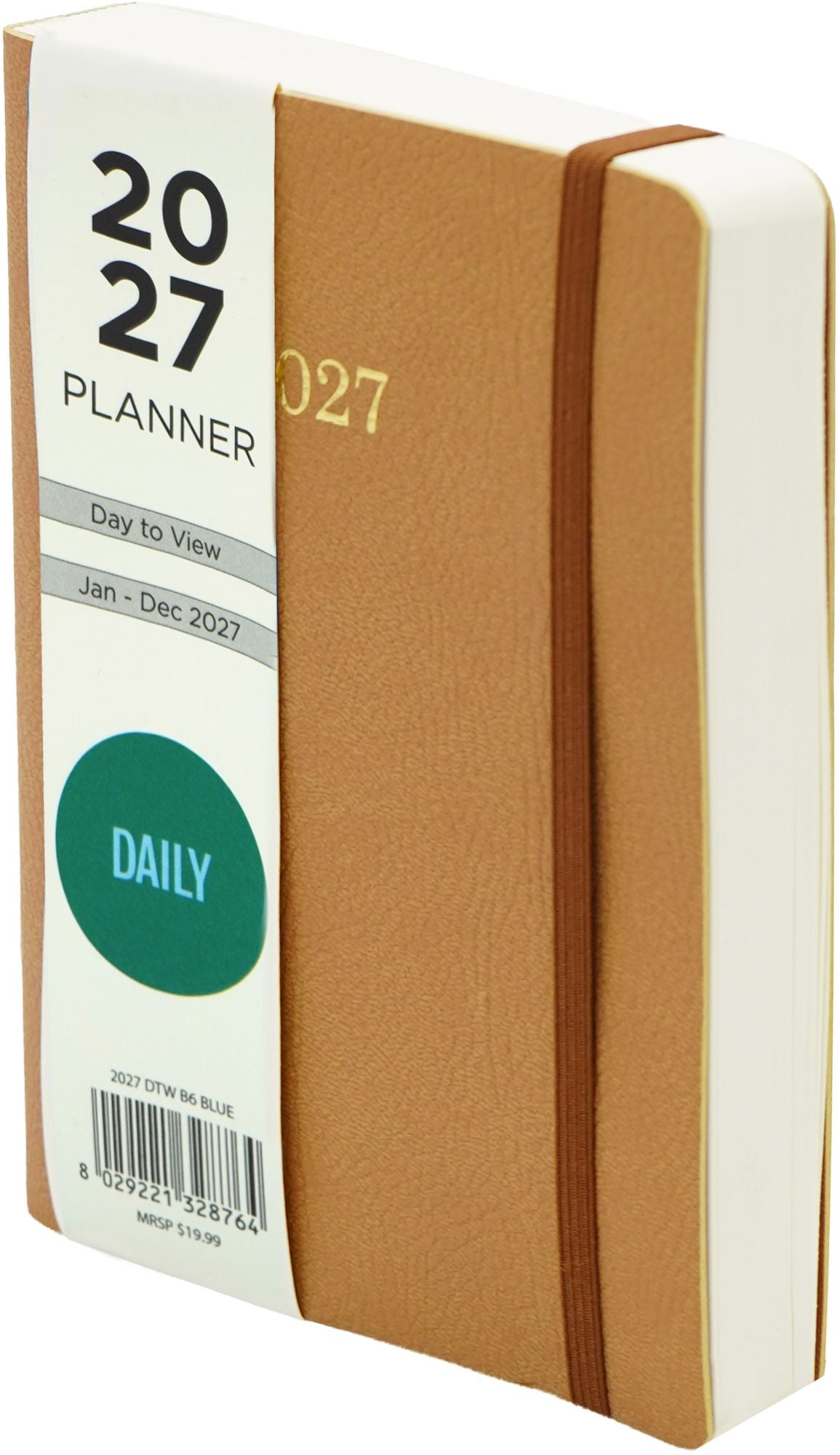2027 Daily Planner 5X7 Soft Bound Cover In Brown Bonded Leather With Matching Lining , Elastic And Gold Embossing