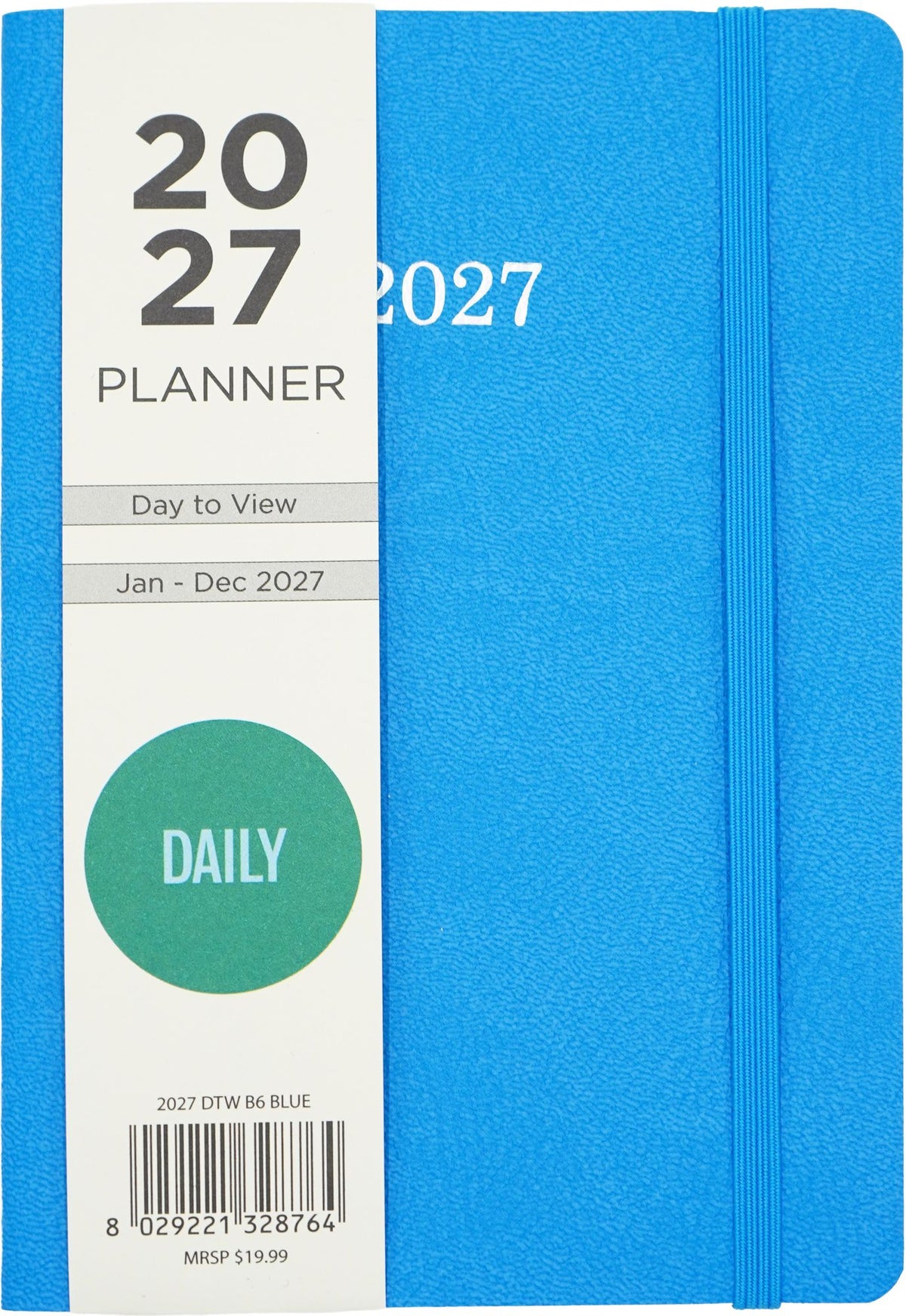 2027 Daily Planner 5X7 Soft Bound Cover In Blue Bonded Leather With Matching Lining , Elastic And Gold Embossing