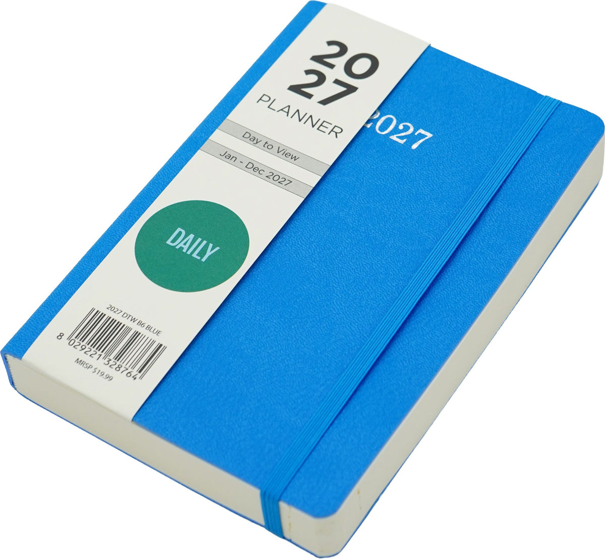 2027 Daily Planner 5X7 Soft Bound Cover In Blue Bonded Leather With Matching Lining , Elastic And Gold Embossing