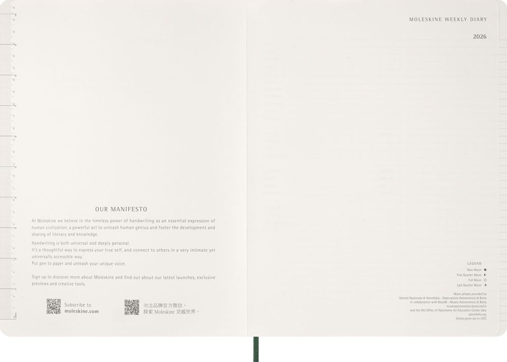 2026 Moleskine Myrtle Green 15-Month XXL Essential Soft Cover Weekly Vertical Planner