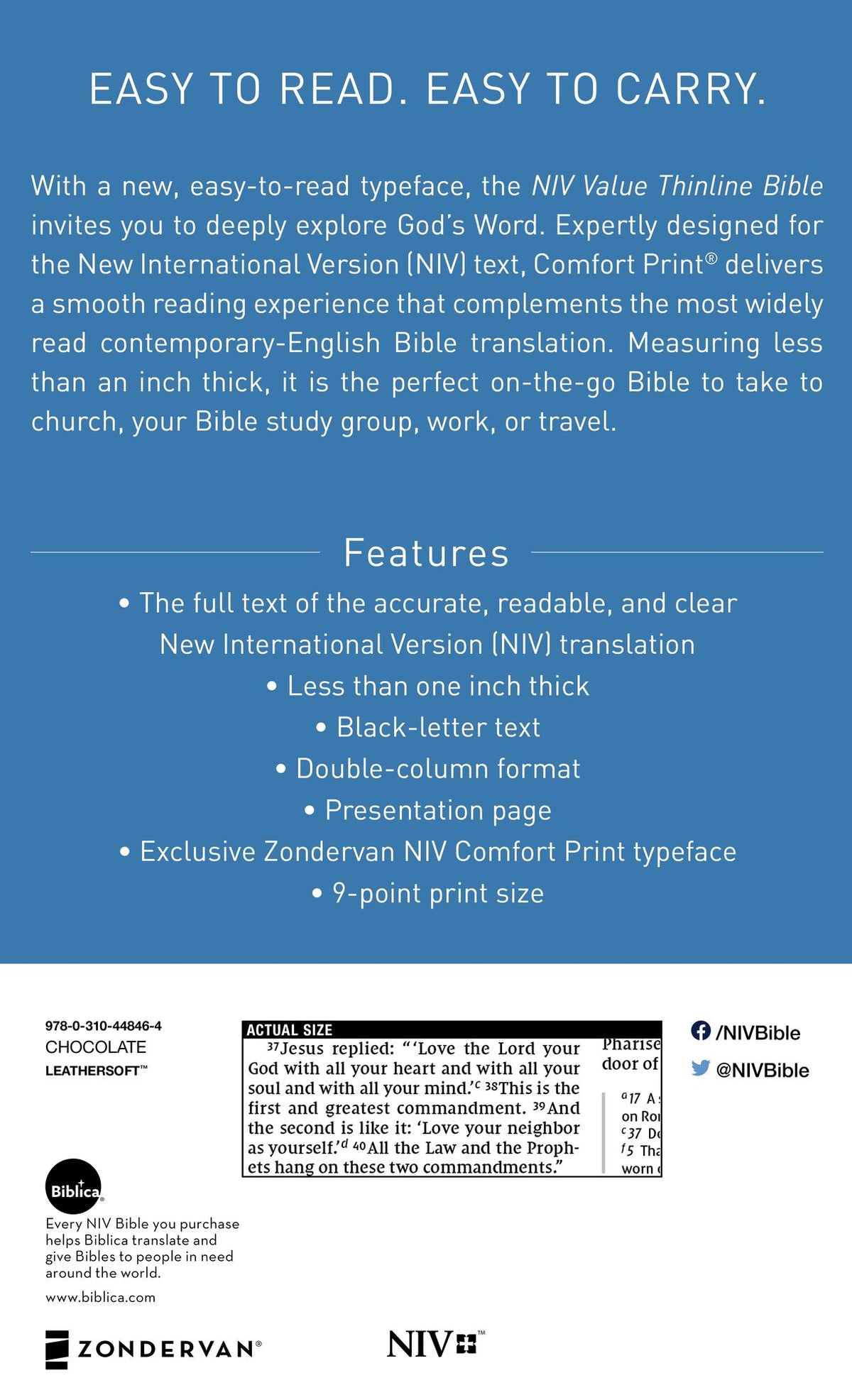 NIV, Value Thinline Bible, Leathersoft, Brown, Comfort Print