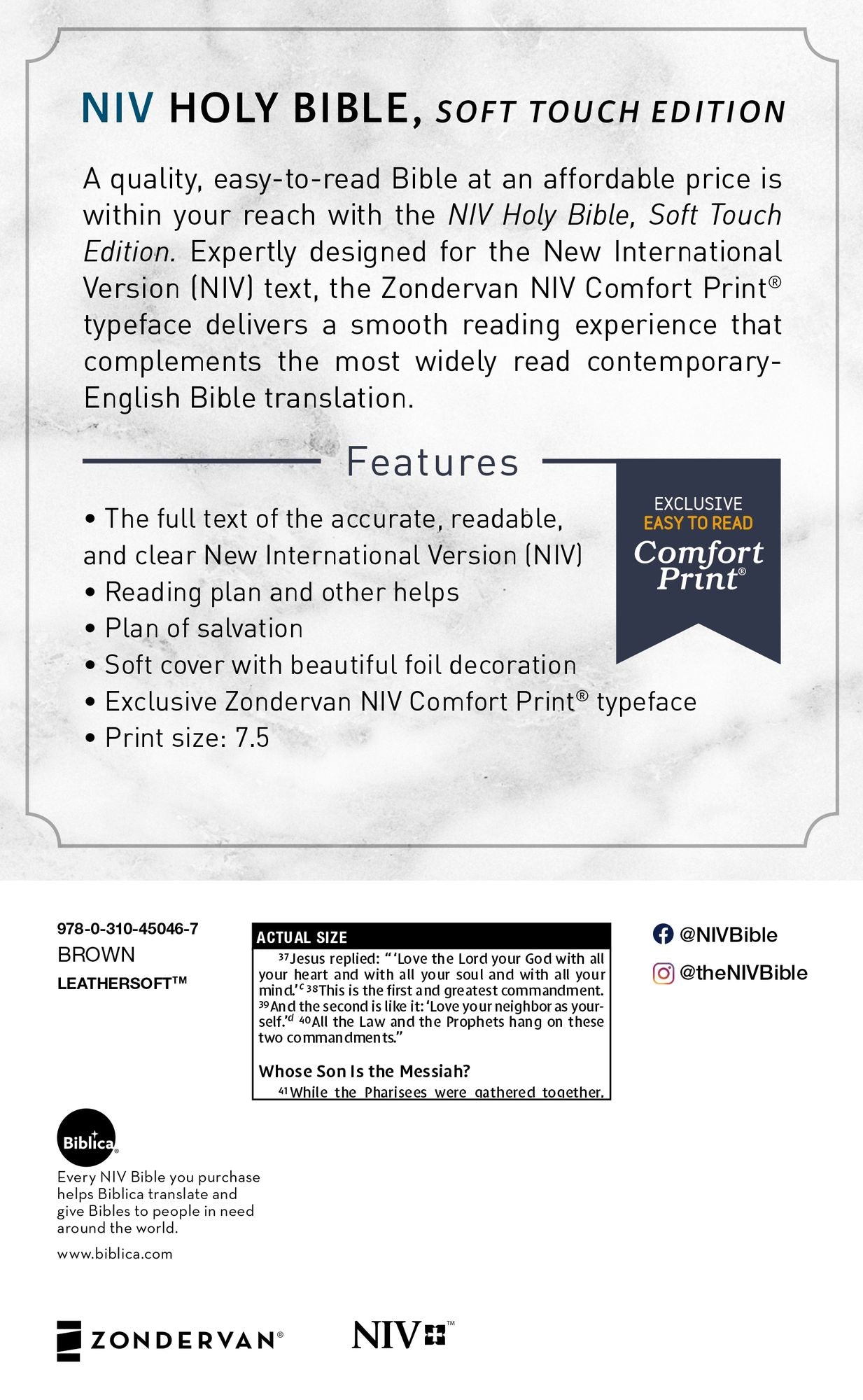 NIV, Holy Bible, Soft Touch Edition, Leathersoft, Brown, Comfort Print