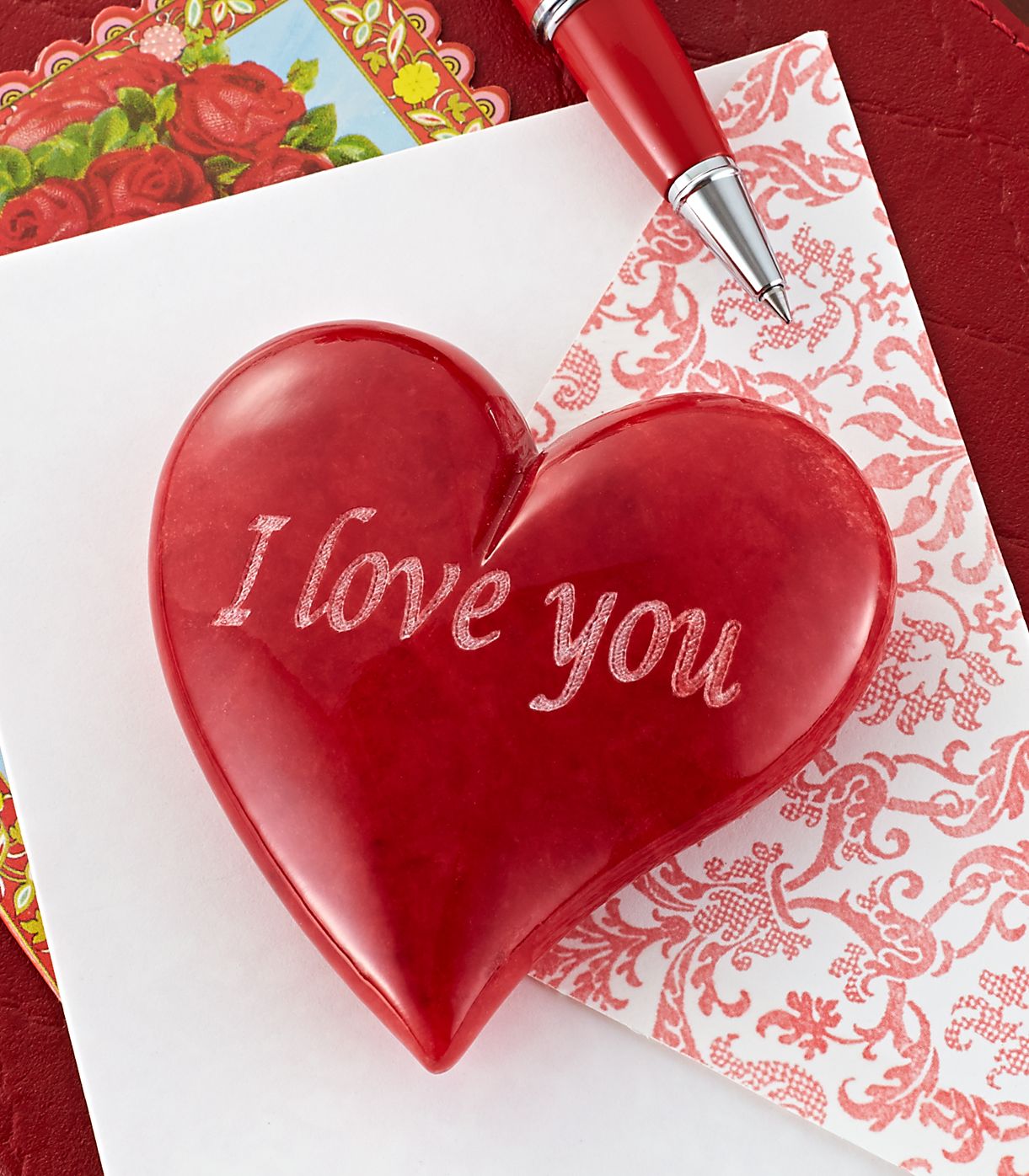 Absolute Red "I love you" Italian Alabaster Paperweight - 2.75"