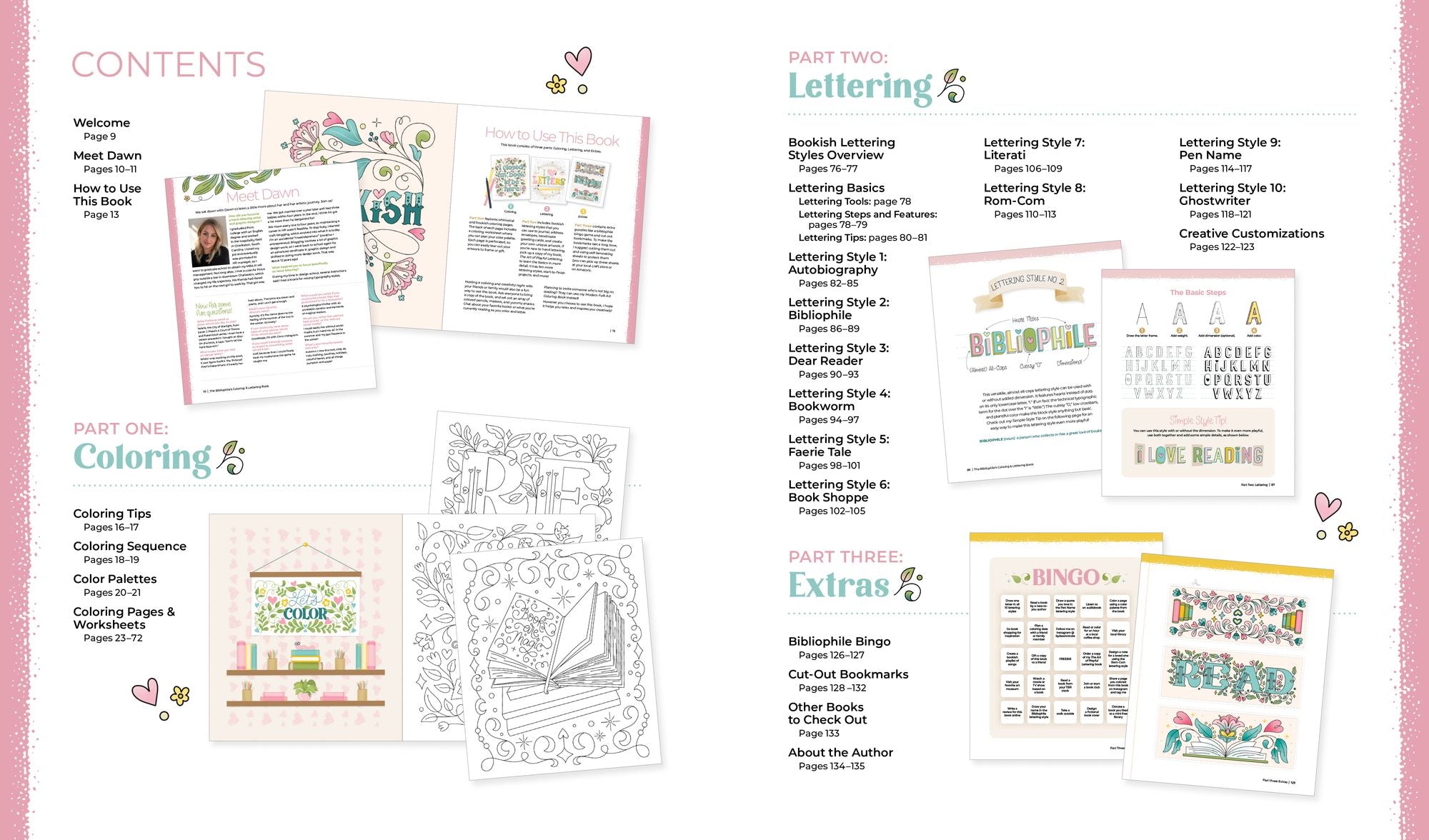 The Bibliophile's Coloring and Lettering Book: A Cozy Collection of Hand-Drawn Coloring Pages, Trace-to-Learn Lettering Styles, and Shareable Bookmarks for Book Lovers