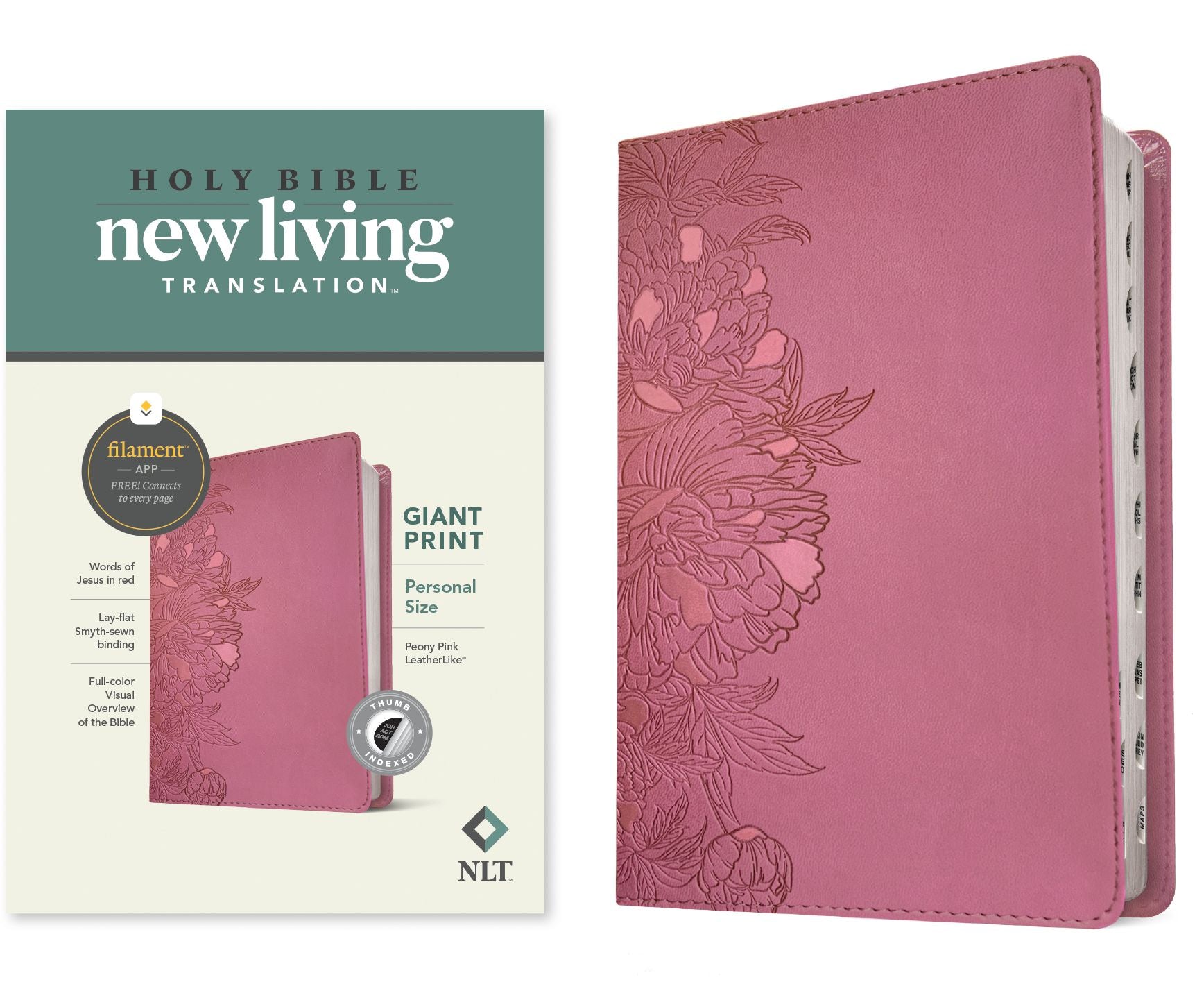 NLT Personal Size Giant Print Bible, Filament Enabled (LeatherLike, Peony Pink, Indexed, Red Letter)