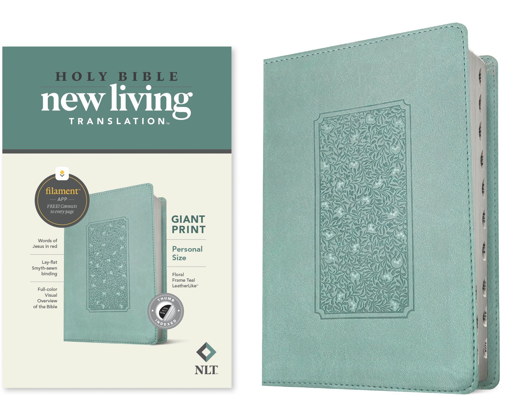 NLT Personal Size Giant Print Bible, Filament Enabled (LeatherLike, Floral Frame Teal, Indexed, Red Letter)