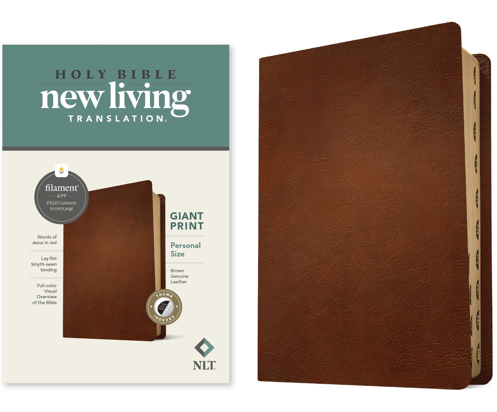 NLT Personal Size Giant Print Bible, Filament Enabled (Genuine Leather, Brown, Indexed, Red Letter)