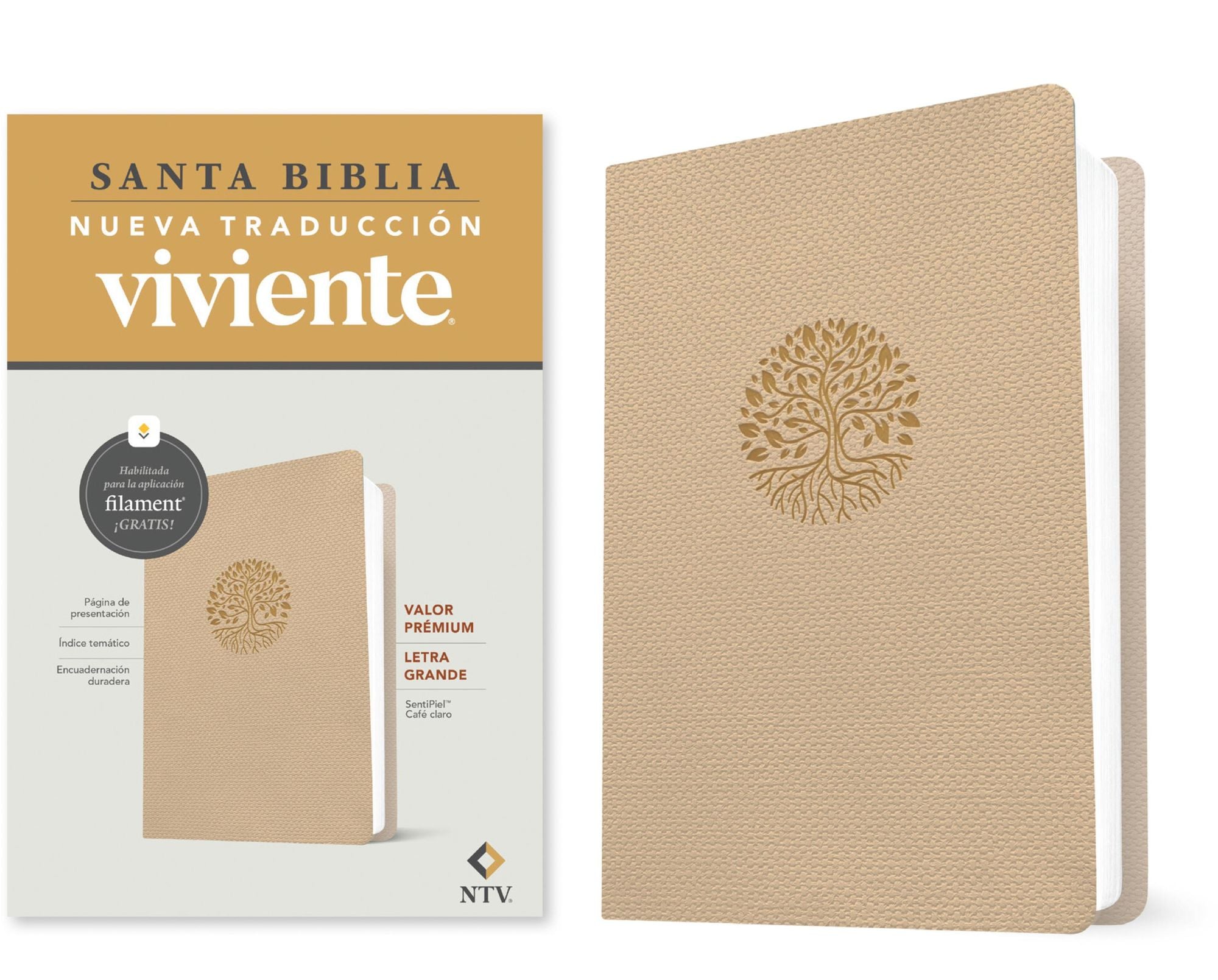 Biblia valor prémium NTV, letra grande con Filament (SentiPiel, Café claro)