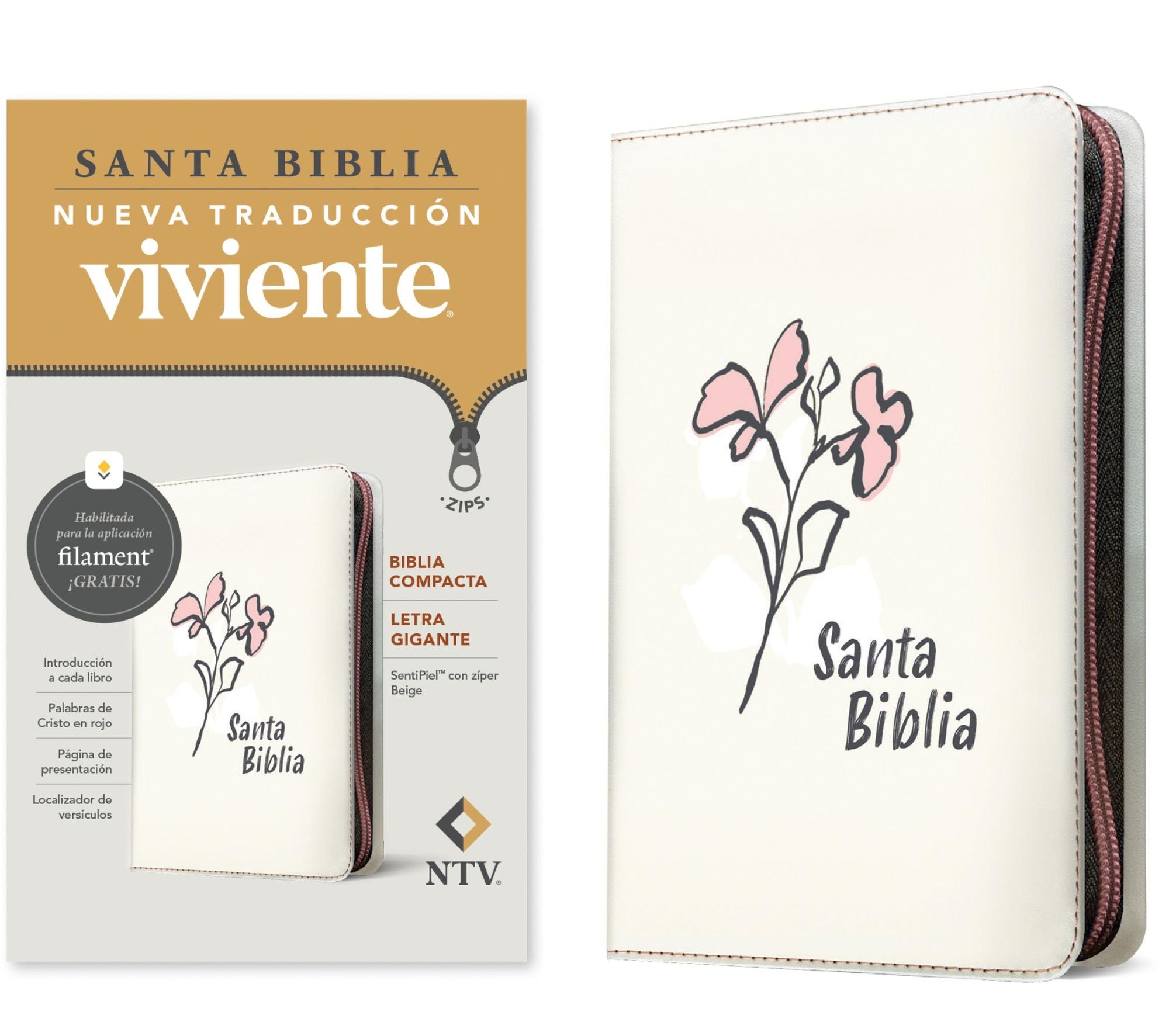 Biblia compacta NTV, letra gigante de zíper con Filament (SentiPiel, Beige, Letra Roja)