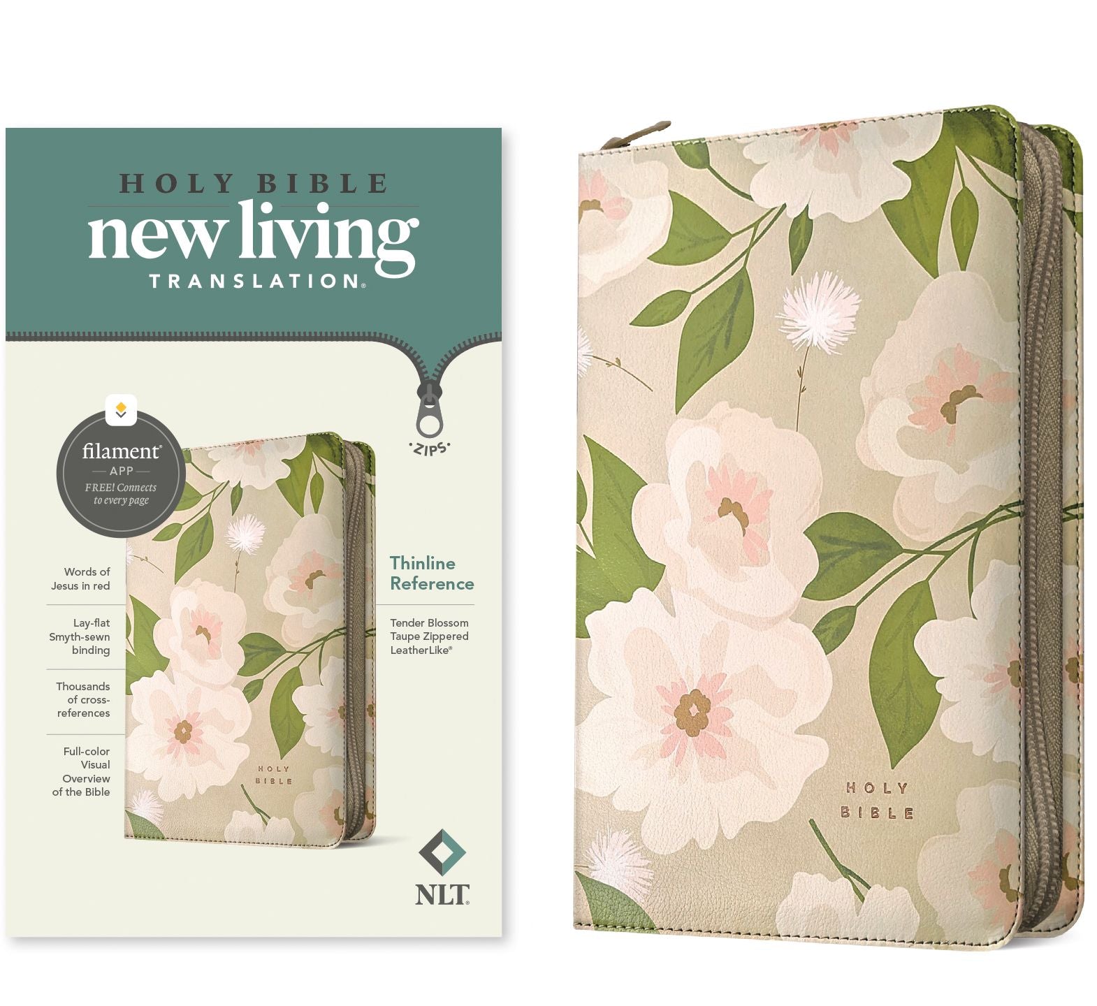 NLT Thinline Reference Zipper Bible, Filament Enabled (LeatherLike, Tender Blossom Taupe, Red Letter)