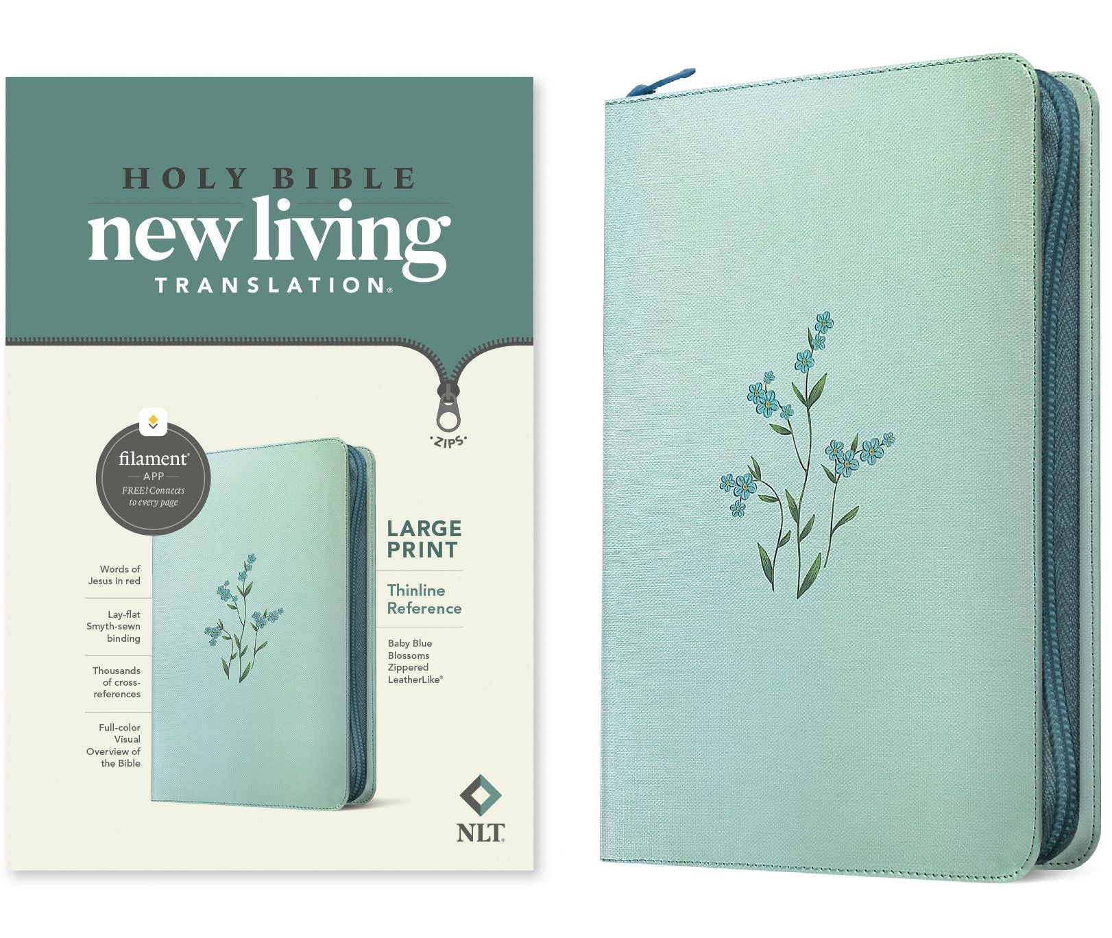 NLT Large Print Thinline Reference Zipper Bible, Filament Enabled (LeatherLike, Baby Blue Blossoms, Red Letter)