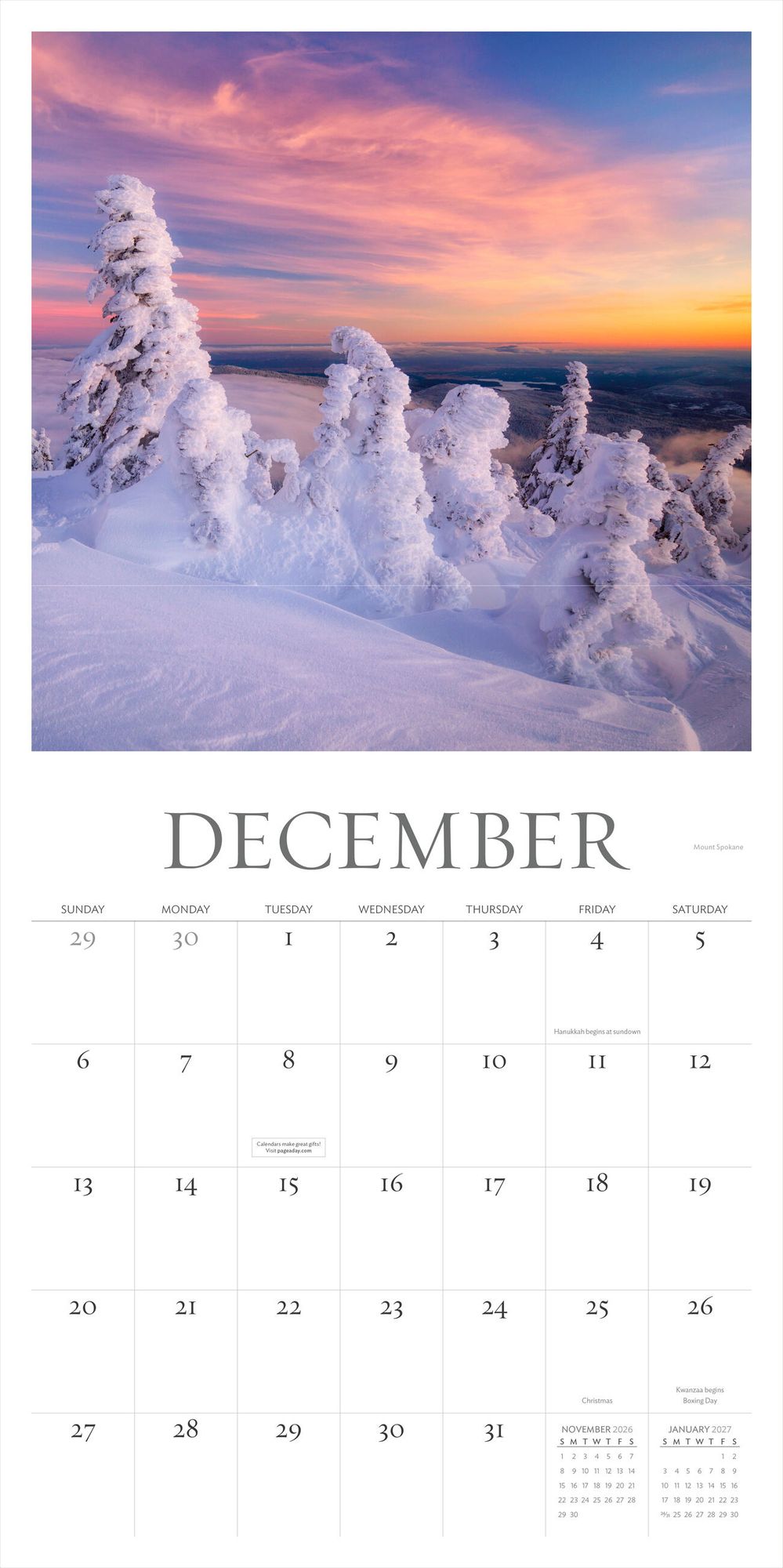 Washington Evergreen Wall Calendar 2026