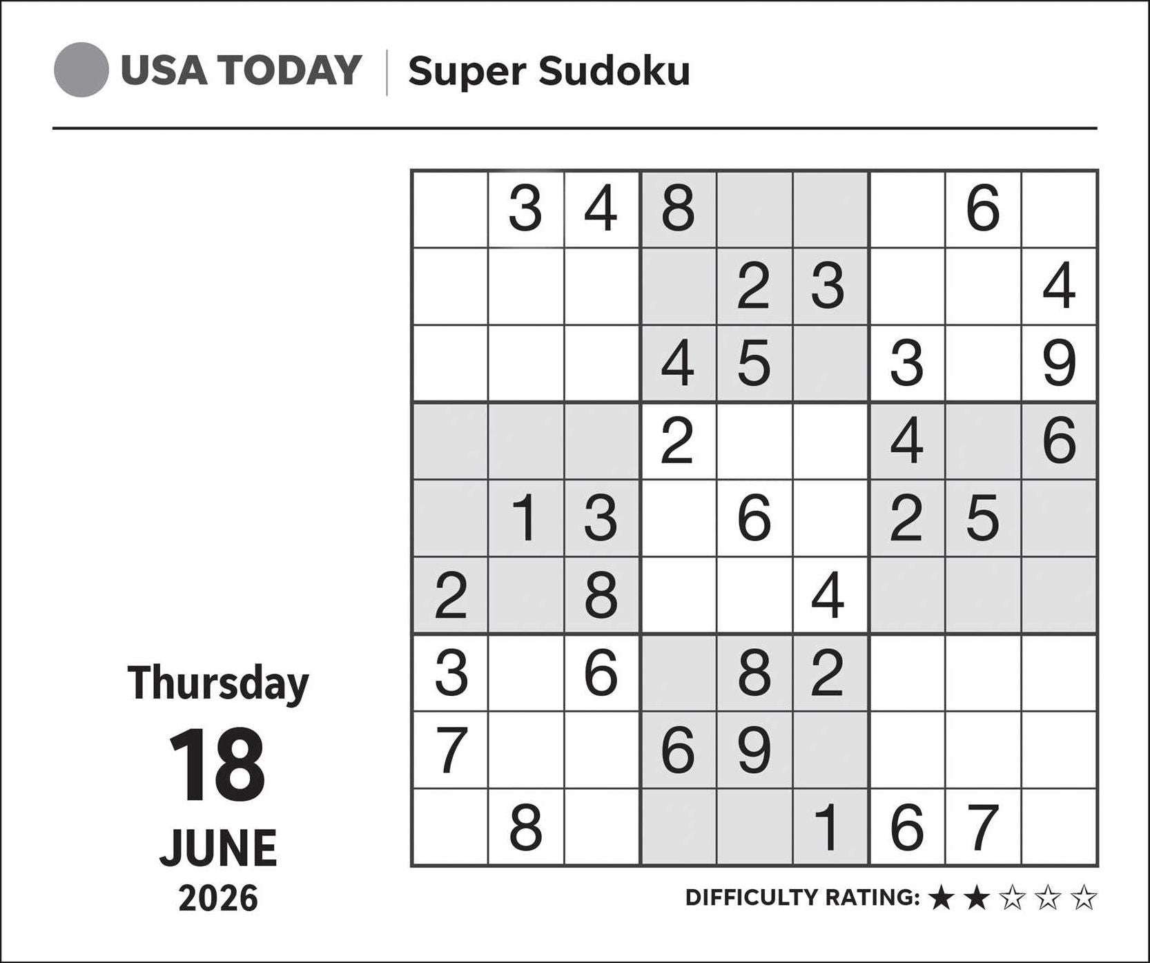 2026 USA TODAY Sudoku Day-to-Day Calendar