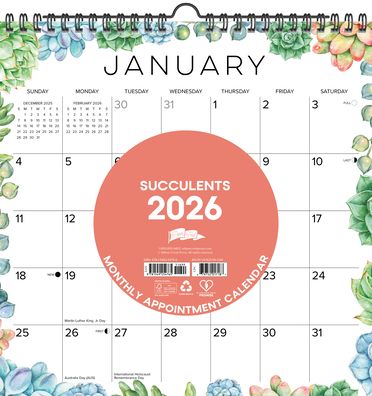 Succulents 2026 12 X 12 Spiral Wall Calendar