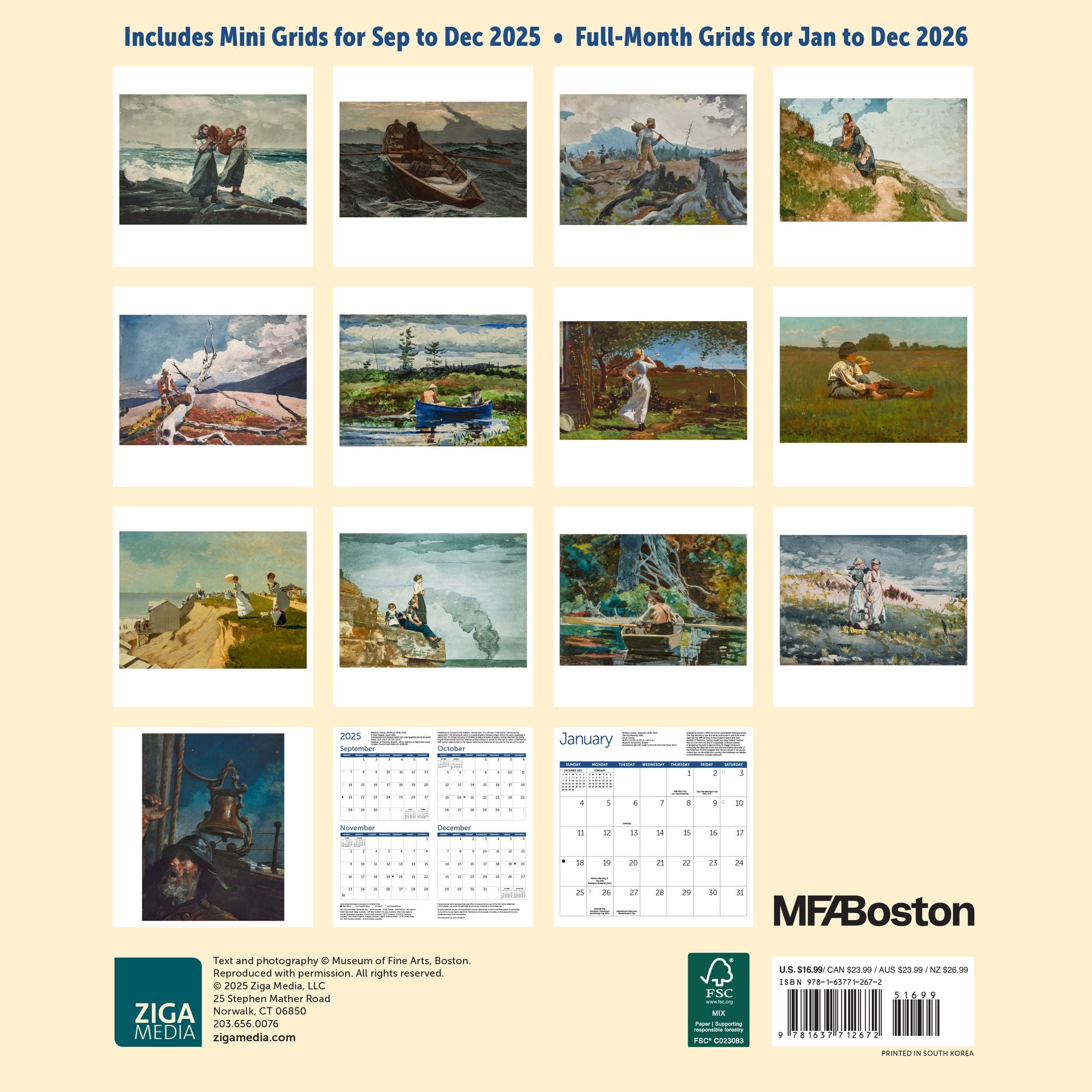 2026 MFA Boston Winslow Homer Watercolors Wall Calendar