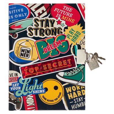 Secret Diary with Lock/Keys, Boys Interactive Christian Blue Journal with Writing Prompts Teen, Tween Be Strong Joshua 1:9 Bible Verse