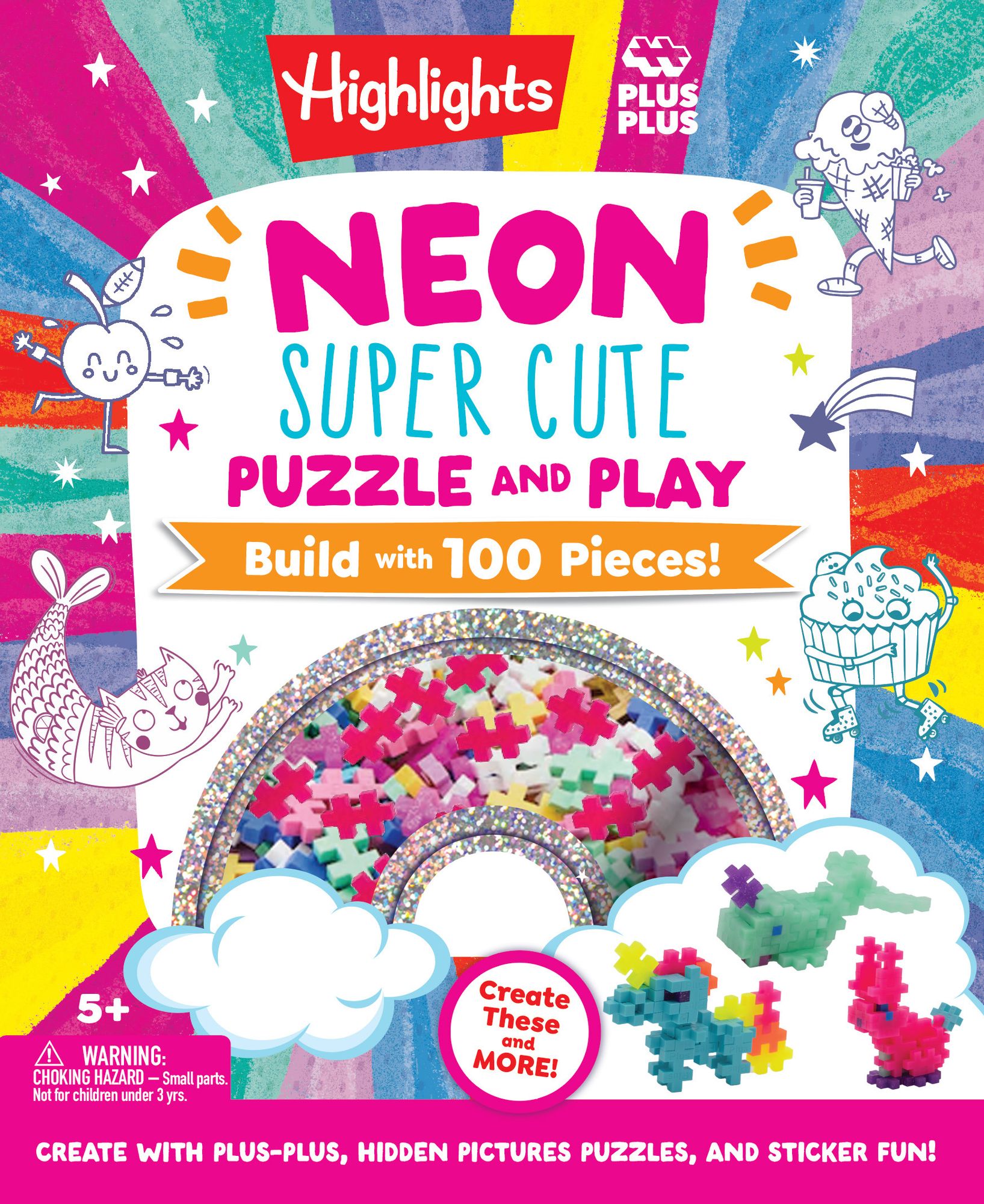 Neon Super Cute Puzzle and Play: Plus-Plus Building Blocks and Hidden Pictures Puzzle Sticker Book Set for Kids 5-9, Create and Personalize with Cute Stickers, Bright Puzzles and Neon Blocks