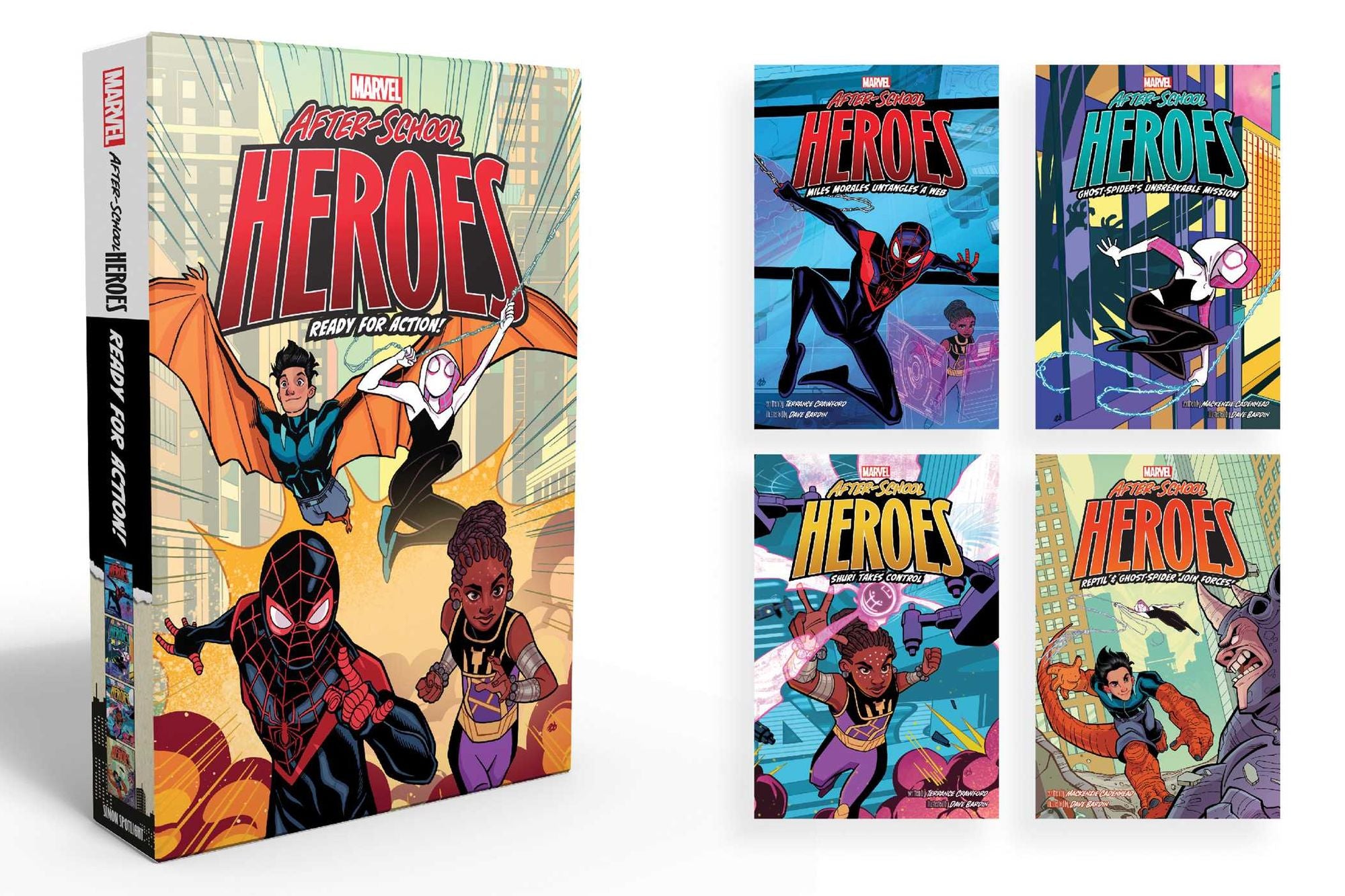 Marvel After-School Heroes Ready for Action! (Boxed Set): Miles Morales Untangles a Web; Ghost-Spider's Unbreakable Mission; Shuri Takes Control; Reptil & Ghost-Spider Join Forces!