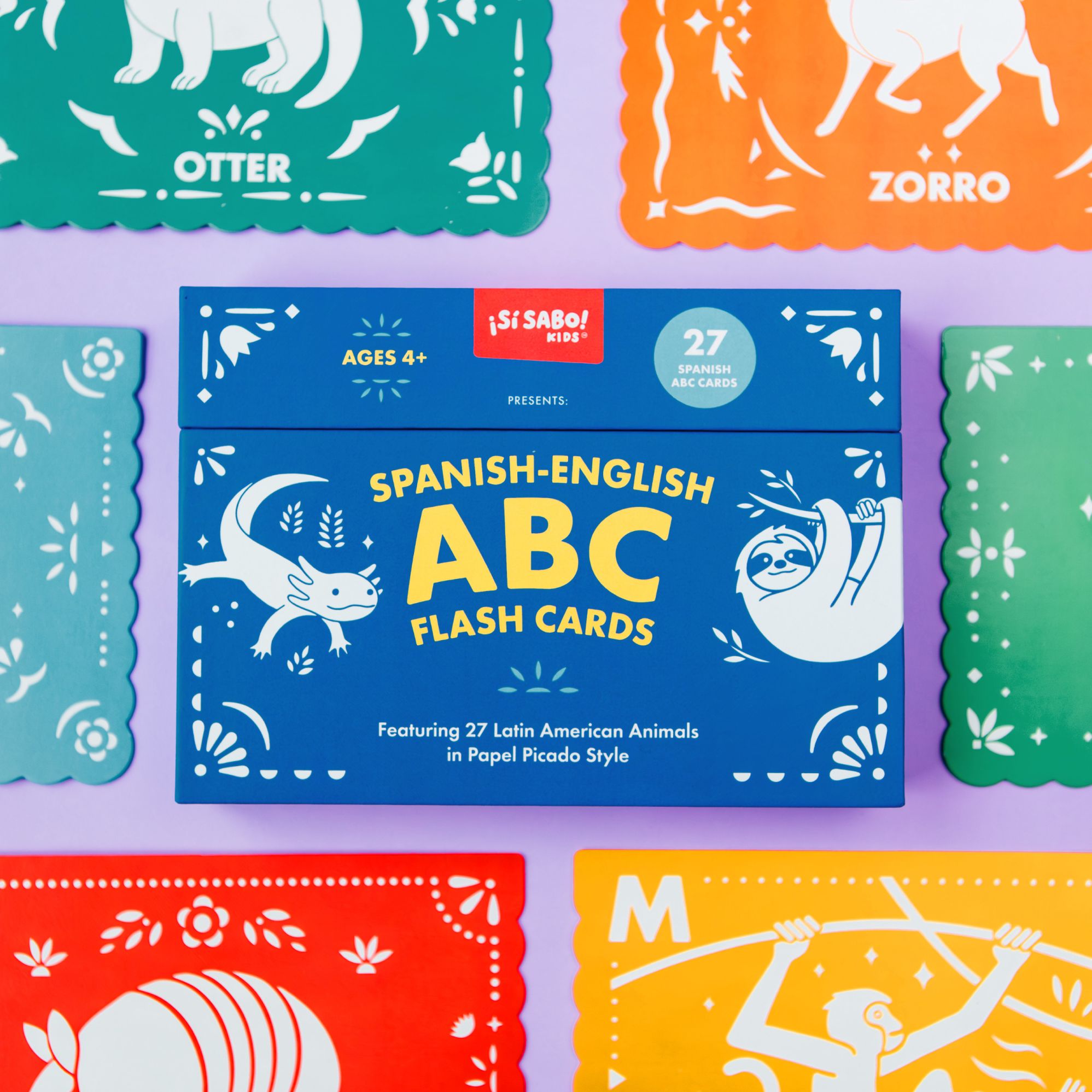 Spanish-English ABC Flash Cards: 27 Bilingual Alphabet Flash Cards Featuring Latin American Animals in a Papel Picado Design