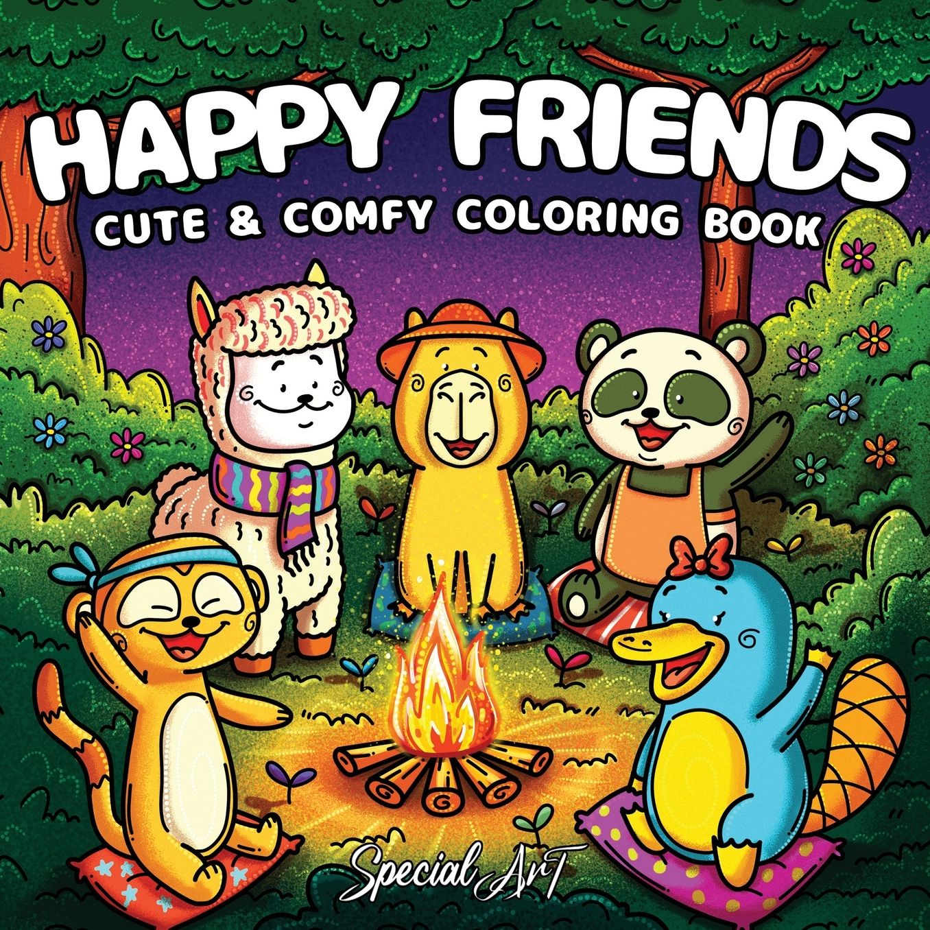 Happy Friends: Coloring Book for Adults and Teens Featuring Super Fun and Cute Animal Characters with Cozy and Simple Scenes for Relaxation