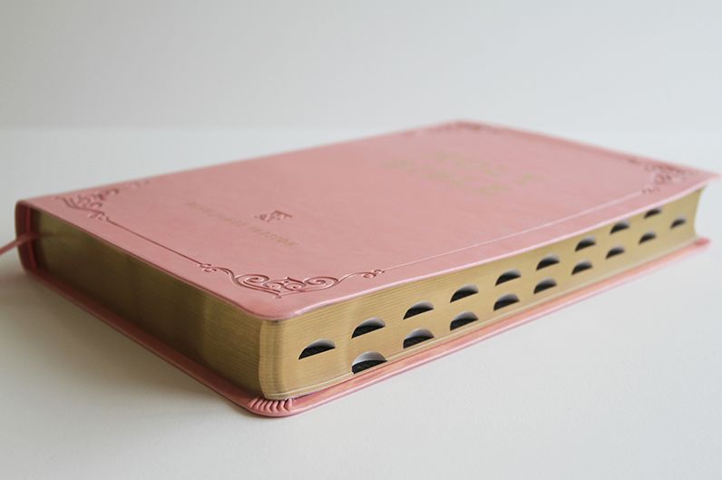 KJV Holy Bible, Giant Print Thinline Large format, Pink Premium Imitation Leather with Ribbon Marker, Red Letter, and Thumb Index