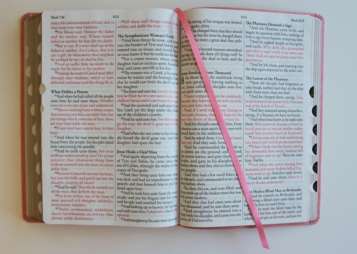 KJV Holy Bible, Giant Print Thinline Large format, Pink Premium Imitation Leather with Ribbon Marker, Red Letter, and Thumb Index