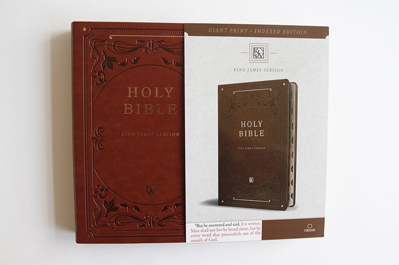 KJV Holy Bible, Giant Print Thinline Large format, Brown Premium Imitation Leather with Ribbon Marker, Red Letter, and Thumb Index