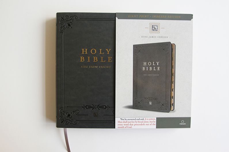 KJV Holy Bible, Giant Print Thinline Edition, Large Format, Gray Premium Imitation Leather, Red Letter, Thumb Index, Ribbon Marker