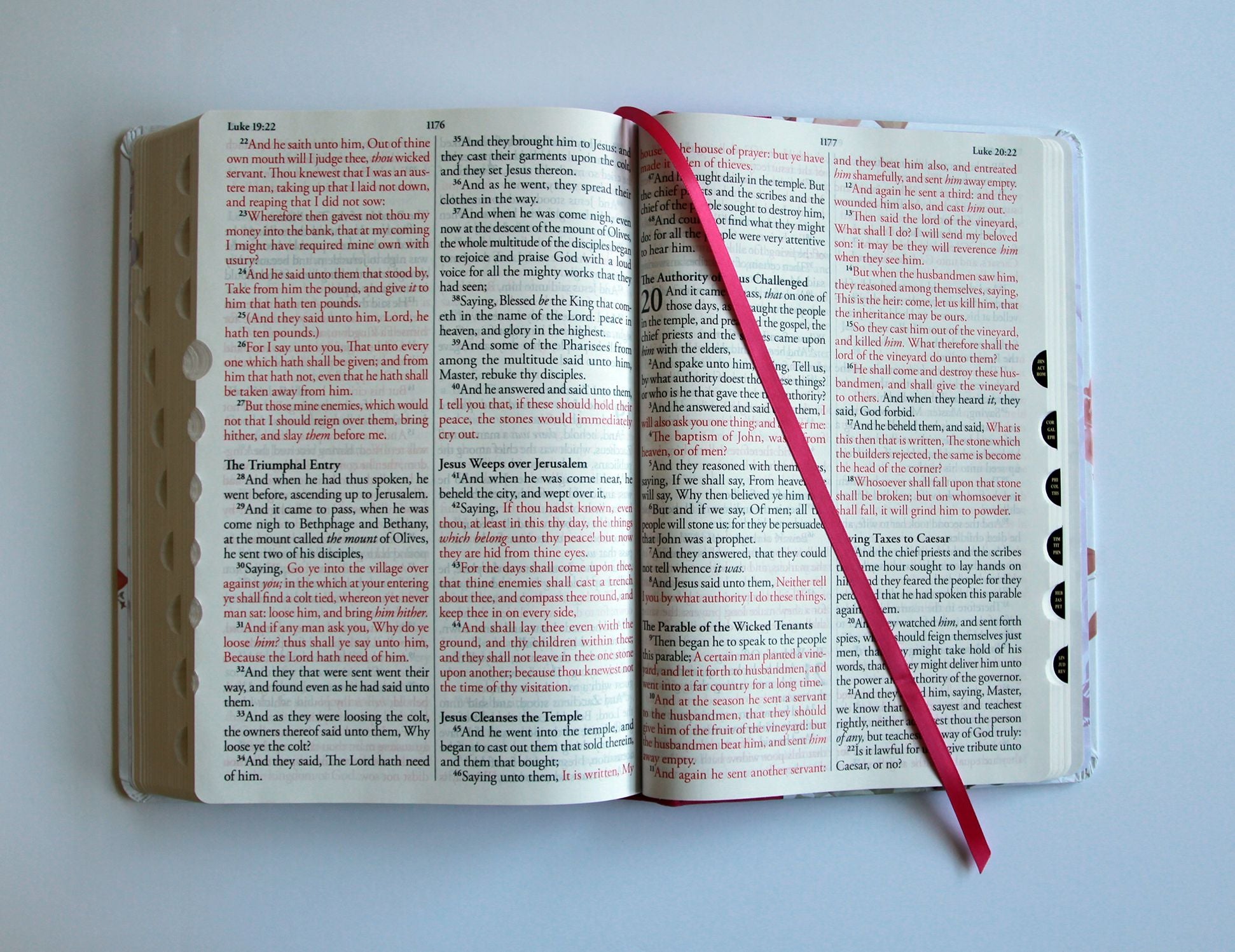 KJV Holy Bible, Giant Print Large Format, Hardcover pink floral design with cloth with Ribbon Marker, Red Letter, and Thumb Index